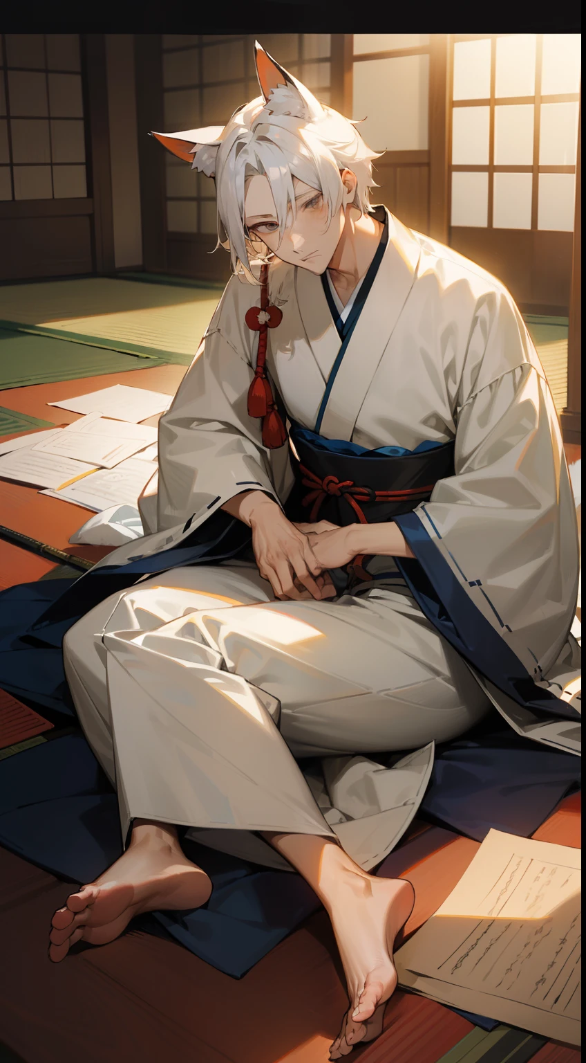 (((masutepiece))), (((Delicate touch))), (((Man's))), Silver hair, Silver eyes, Onmyoji, Japanese style, Kimono, Hakama, Sleep on the floor,A large amount of paper on the floor、Writer、Manuscript paper on the floor、 lantern, Fox ears,masutepiece,Best Quality,White-haired fox,fox ear,Blue and white hanf,Immortals,Gray eye, youthfulness,Handsome,male people,On the floor,sleep,Loose hair and clothes,Japanese dress、traditional Japanese room、Comfortable evenings,Exquisite face details,Dark background,the night,Sense of atmosphere、