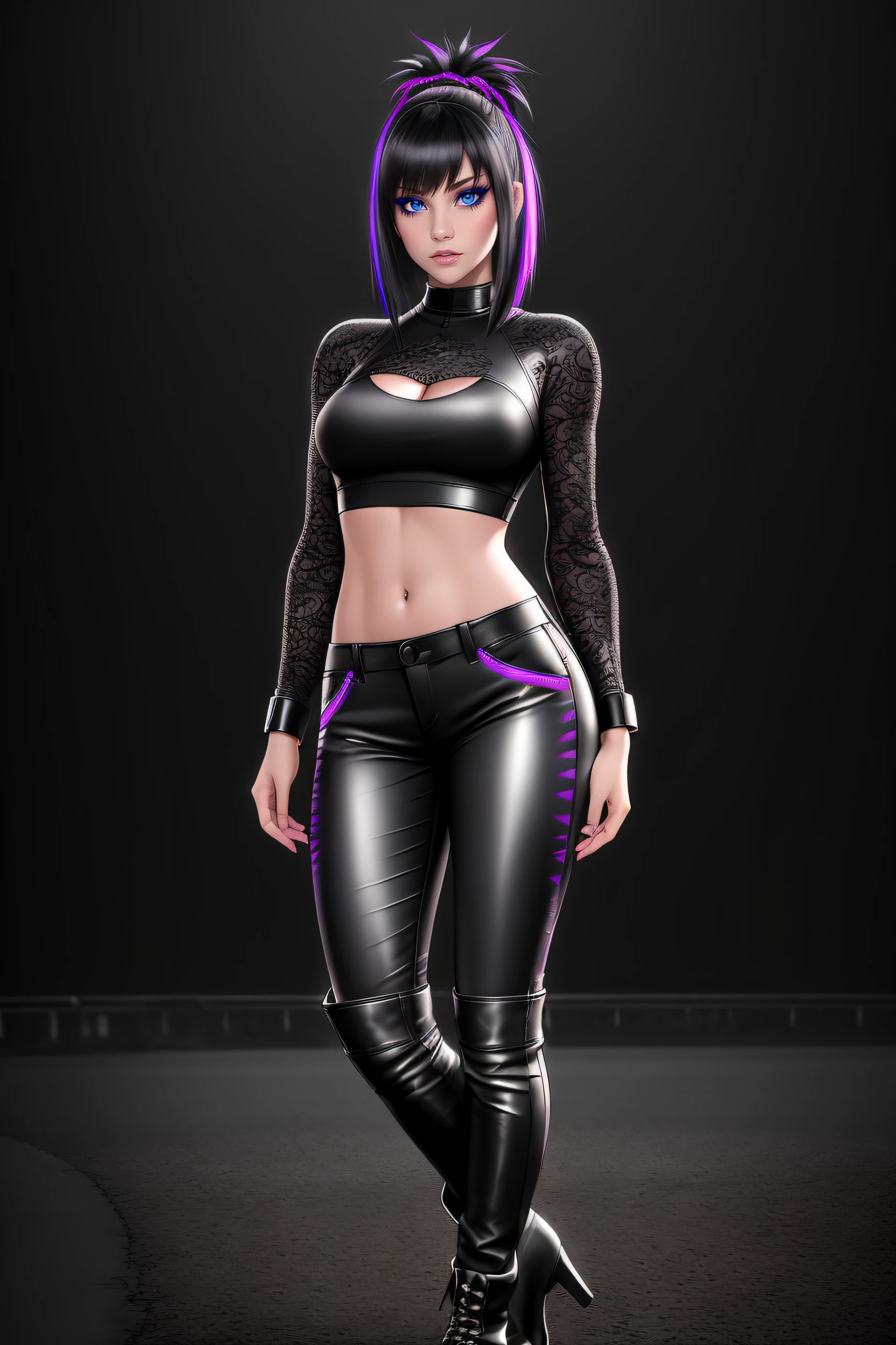 beautiful girl, ((standing:1.4)), (confident gaze:1.1), full body, short bright neon streaked black hair, ((realistic highly detailed eyes:1.4)), ((seductive pose:1.2)), black eyeshadow, (street style wear:1.2), ((tight fitted pants)), ((knee high leather boots)), (dark city night black background:1.4), dark makeup, digital art, trending on artstation, highly detailed, fine detail, intricate, detailed facial features, sharp focus, smooth, aesthetic,