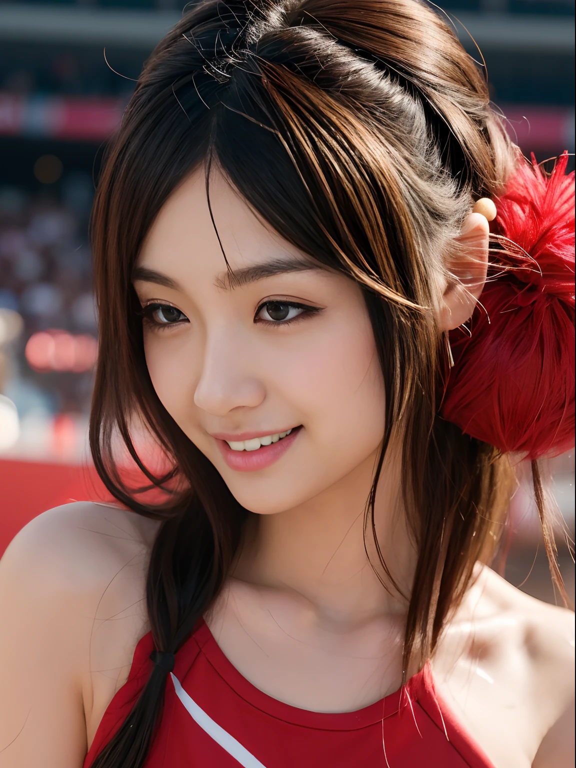 Ala Fed Asian cheerleader holding pom pom in stadium, closeup, closeup, cosplay photo, anime cosplay, small breasts, RAW photo, best quality, high resolution, (masterpiece), (photorealistic:1.4), professional photography, sharp focus, HDR, 8K resolution, intricate details, depth of field, highly detailed cg unity 8k wallpaper, Front Light, NSFW, Woman, Girl, Beautiful Supermodel, Smiling, Slender, (Sweating All Body:1.3), 2 Person