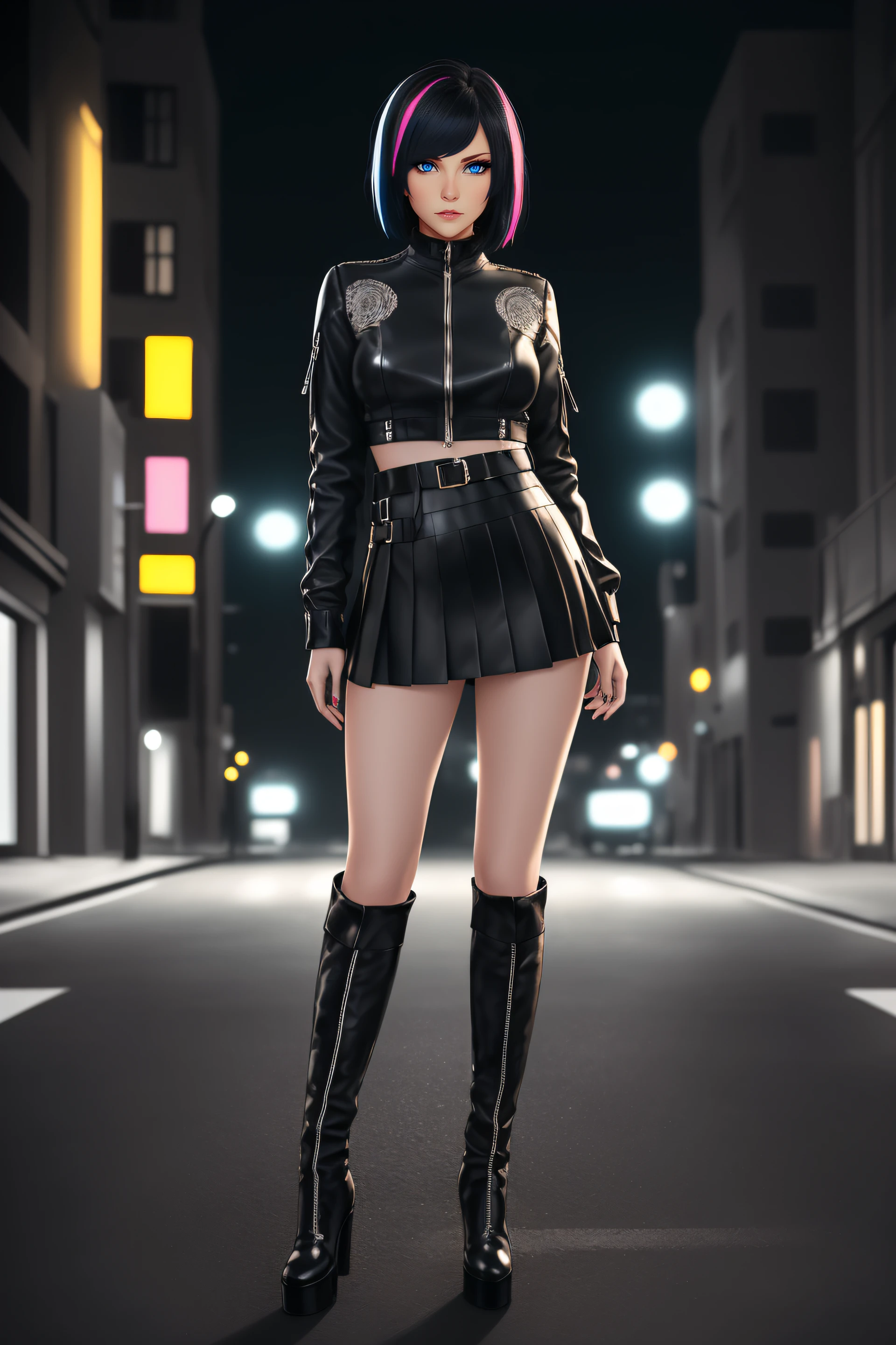 beautiful girl, ((standing:1.4)), (confident gaze:1.1), full body, short bright neon streaked black hair, ((realistic highly detailed eyes:1.4)), ((seductive pose:1.2)), black eyeshadow, (street style wear:1.2), ((short skirt)), ((knee high leather boots)), (dark city night black background:1.4), dark makeup, digital art, trending on artstation, highly detailed, fine detail, intricate, detailed facial features, sharp focus, smooth, aesthetic,