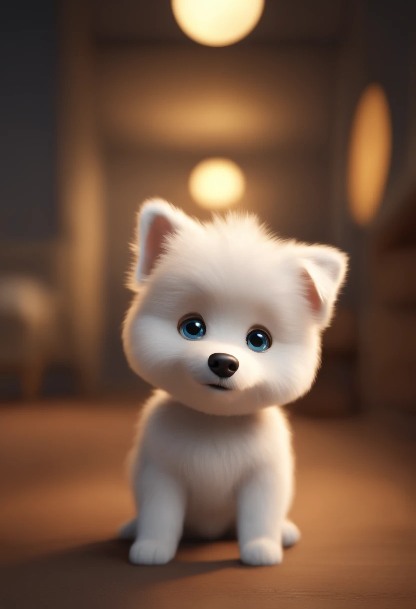 Pixar style 3d image of a small white dog with beige ears of the German spitz breed walked towards the camera. a imagem deve imitar um poster da PIxar e levar o estilo da Pixar/Disney. o estilo da imagem deve ser ser pixar- disney 3 d. Caractere estilizado, animation style rendering, 3D estilizado, Arnold Maya render, 3 d render stylized, toon render keyshot, Personagem 3D, Personagem 3D, 3d rendering stylized, 3 d character render, personagem de desenho animado, Personagem de close up, Pose de personagem,  (Estilo Pixar) (master part:1.2) (Bokeh) (best quality) (pele detalhada) (textura detalhada) (8k) (argila) (Cinematic lighting) (foco nítido