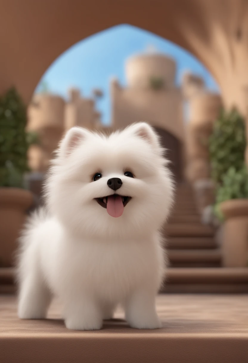 Pixar style 3d image of a small white dog with beige ears of the German spitz breed walked towards the camera. a imagem deve imitar um poster da PIxar e levar o estilo da Pixar/Disney. o estilo da imagem deve ser ser pixar- disney 3 d. Caractere estilizado, animation style rendering, 3D estilizado, Arnold Maya render, 3 d render stylized, toon render keyshot, Personagem 3D, Personagem 3D, 3d rendering stylized, 3 d character render, personagem de desenho animado, Personagem de close up, Pose de personagem, (Estilo Pixar) (master part:1.2) (Bokeh) (best quality) (pele detalhada) (textura detalhada) (8k) (argila) (Cinematic lighting) (foco nítido