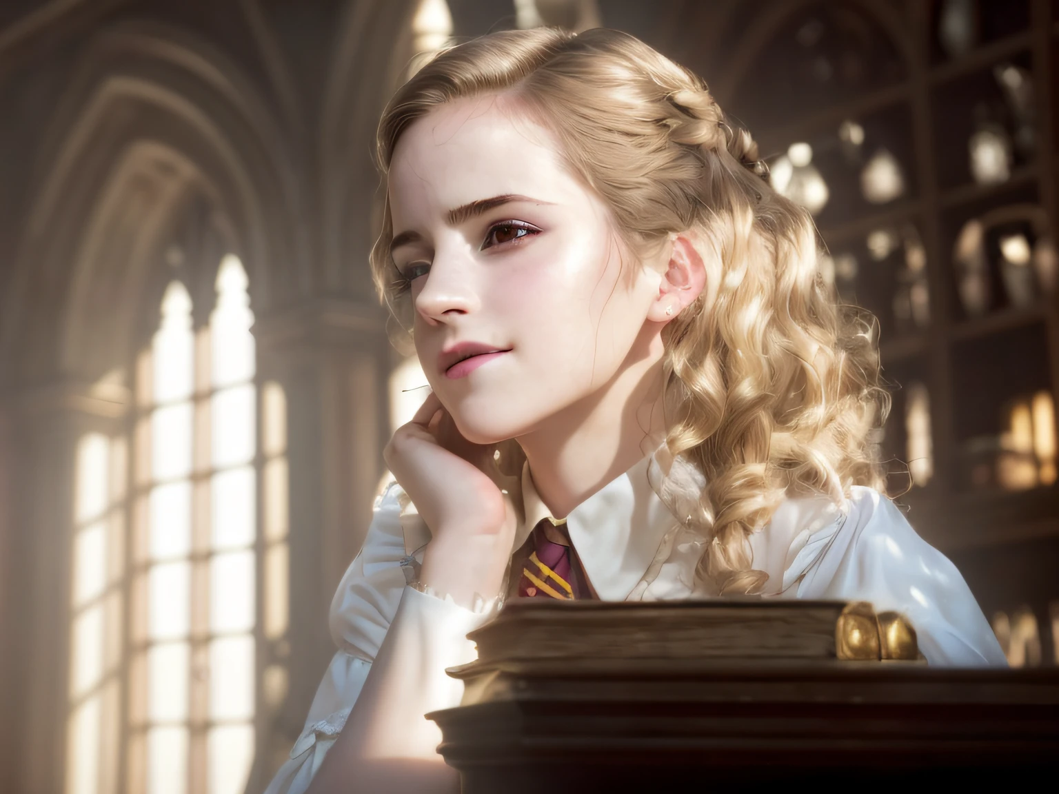 Araphedo woman in Harry Potter costume sitting at a table, Hermione Granger, hermione, Emma Watson: Hermione Granger, inspired by Hermione Hammond, film still of emma watson, film still of emma watson, Emma Watson: Harry Potter, Emma!! Watson!!, Emma Watson: Dryada, Emma Watson(Blonde Aphrodite), photo of emma watson, Sweet expression, Lying down, White glasses, short white hair, (8K, Raw photo, Photorealistic:1.25) ,( Lip gloss, Eyelashes, Glossy face, Shiny skin, Best Quality, 超A high resolution , depth of fields, chromatic abberation, Caustics, Wide light, natural shadows, Kpop Idol) Watch viewers in serenity and goddess-like bliss, Full body,