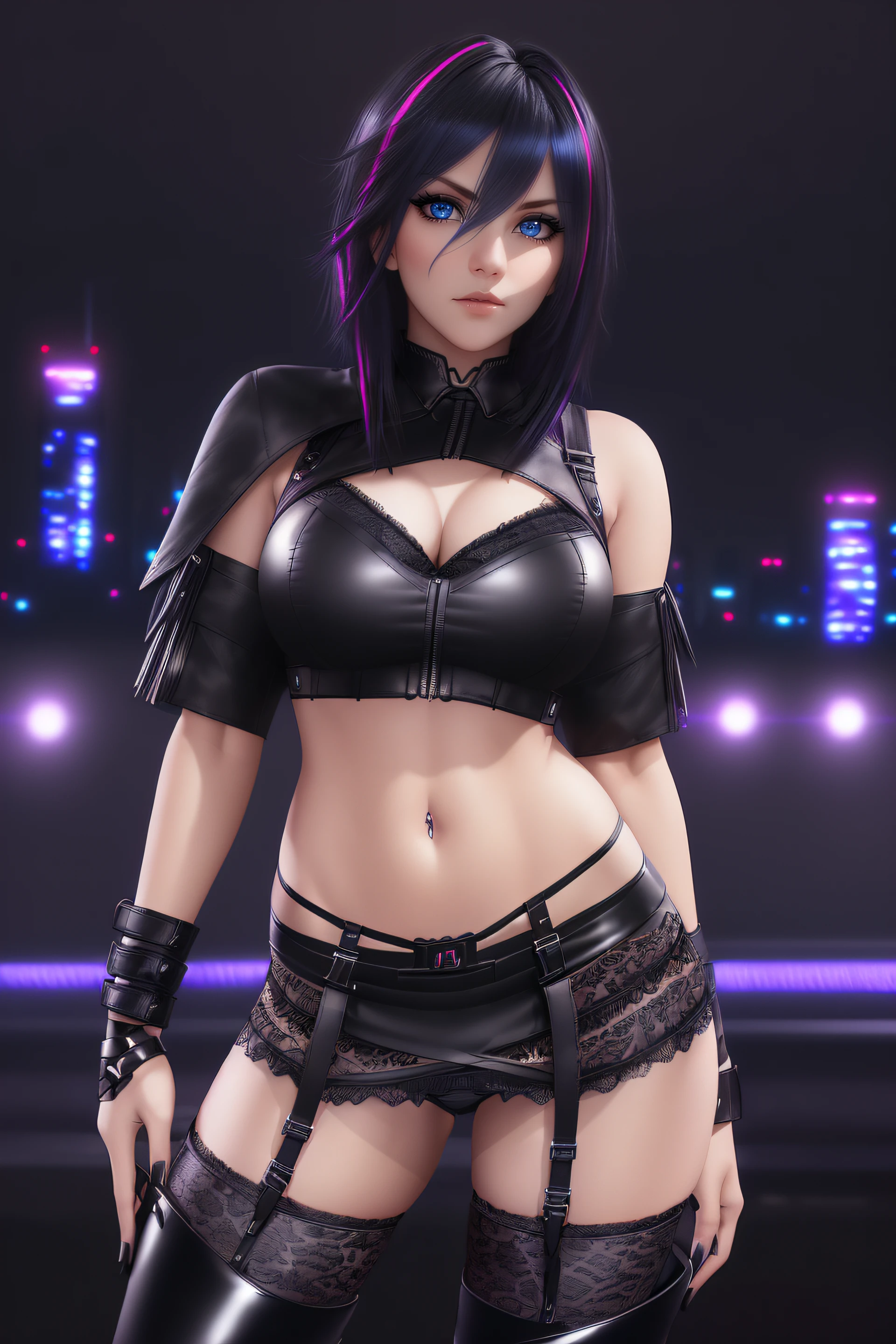 25-Year-Old Woman, Full Body, (standing:1.4), short bright neon streaked black hair, (realistic highly detailed eyes:1.4), (seductive pose:1.2), black eyeshadow, (dominatrix style wear:1.2), (short skirt), (lace underwear:1.4), (knee high heel leather boots), (dark city night black background:1.4), Serious Face, Realistic Face Resolution, Realistic, Object Resolution