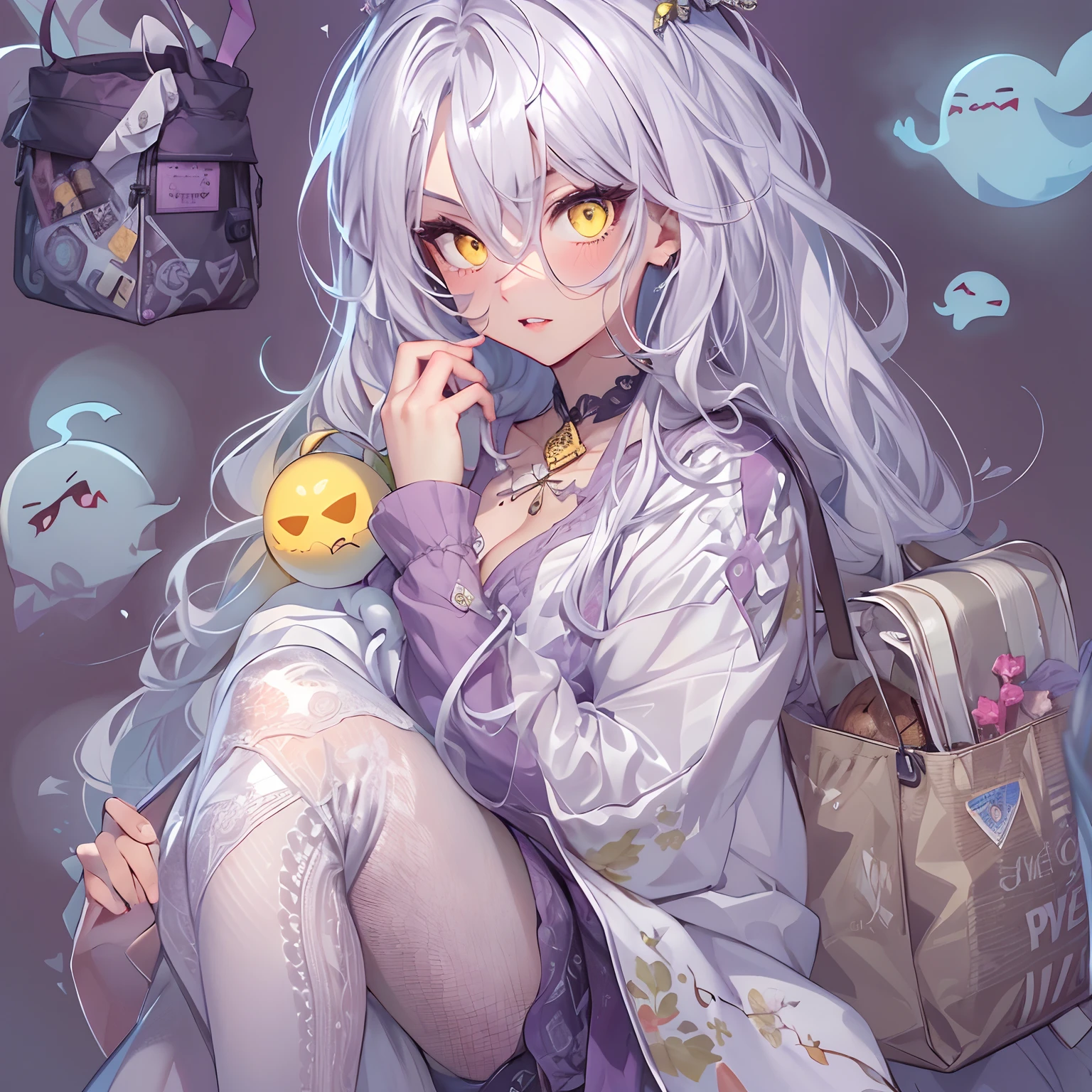 (((Masterpiece))), (((Best Quality: 1.4))), ((Super Detail: 1.4)) , adorable, innocent, yellow glowing eyes, highly detailed clothes, fangs, angry, random hair style, random pose, blush, adult, big boobs, white hair, ((bags under eyes)), ((purple outfit)), ghost,bags under eyes, ((ghost)), juicy lips, hyper detailed, perfect, detailed eyes, long eyelashes, glossy skin