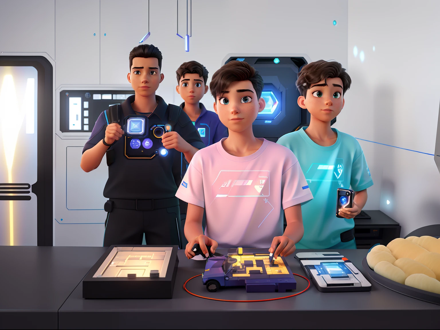 (best quality,4k,8k,highres,masterpiece:1.2),ultra-detailed,(realistic,photorealistic,photo-realistic:1.37),four boys representing the future of humanity, in a futuristic room with screens and spaceship equipment, dressed in dark space suits,futuristic atmosphere,futuristic lighting,futuristic technology,advanced gadgets,futuristic interior design,intricate control panels,glowing buttons and switches,high-tech holographic displays,advanced space navigation system,detailed wiring and circuitry,expansive views of space through windows,dimly lit,metallic walls and floors,sleek and modern design,geometric patterns,smooth surfaces,contrasting colors,blue and purple color scheme,blue neon lights,clean and minimalist aesthetic,sharp edges and sleek lines,high-tech electronic sounds,focused and determined expressions,confident and courageous postures,interacting with holographic interface,engrossed in their work,enjoying a breathtaking view of Earth,spaceship models and blueprints,advanced communication devices,innovative exploration equipment,ready for their mission into deep space.