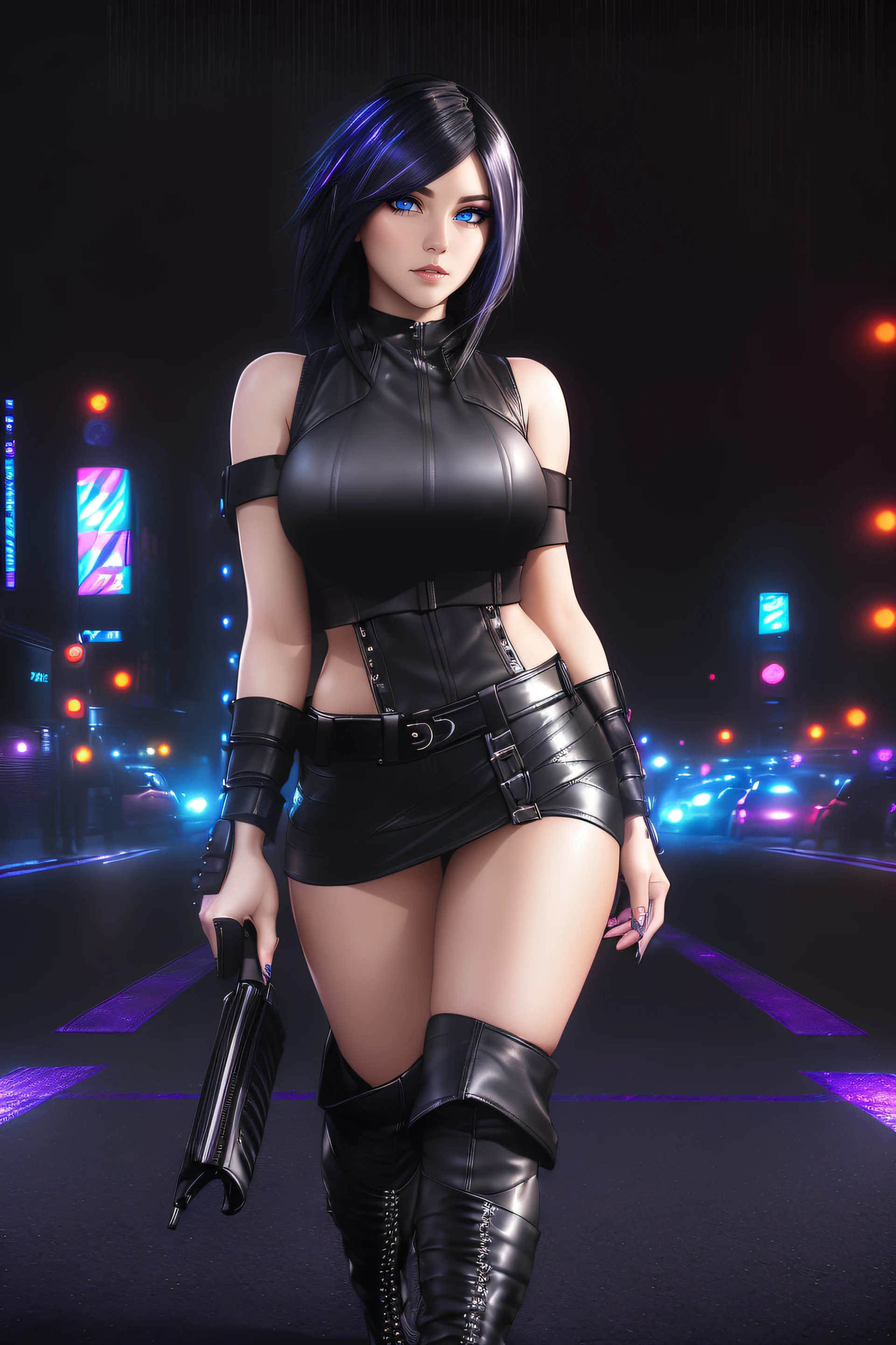 25-Year-Old Woman, Full Body, Adult, ((standing:1.4)), (confident gaze:1.1), short bright neon streaked black hair, ((realistic highly detailed eyes:1.4)), ((seductive pose:1.2)), black eyeshadow, (street style wear:1.2), ((short skirt)), ((knee high leather boots)), (dark city night black background:1.4), Serious Face,Realistic Face Resolution,Realistic,Object Resolution