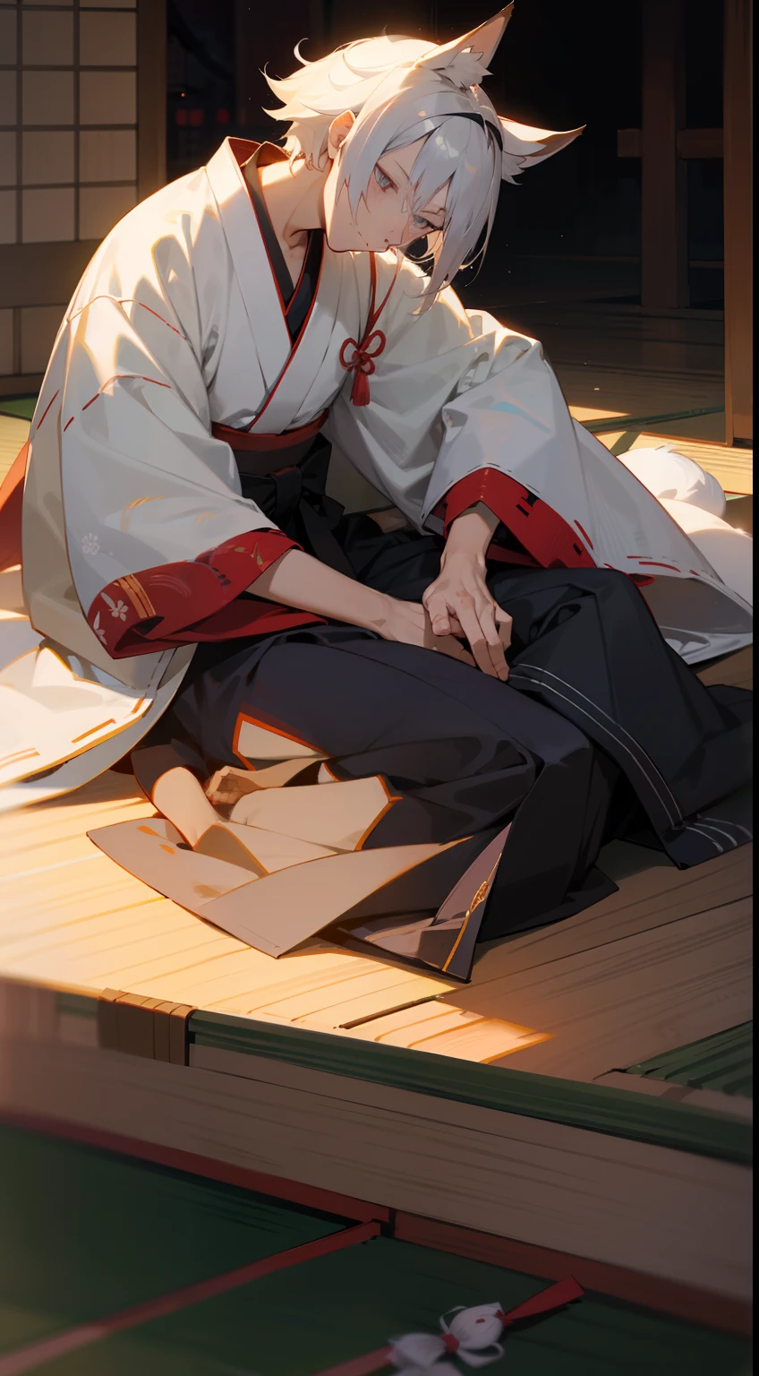 (((masutepiece))), (((Delicate touch))), (((Man's))), Silver hair, Silver eyes, Onmyoji, Japanese style, Kimono, Hakama, Sleep on the floor, lantern, Fox ears,masutepiece,Best Quality,White-haired fox,fox ear,Blue and white hanf,Immortals,Gray eye, youth,Handsome,male people,On the floor,sleep,Loose hair and clothes,Japanese dress、traditional Japanese room、Comfortable evenings,Exquisite face details,Dark background,the night,Sense of atmosphere