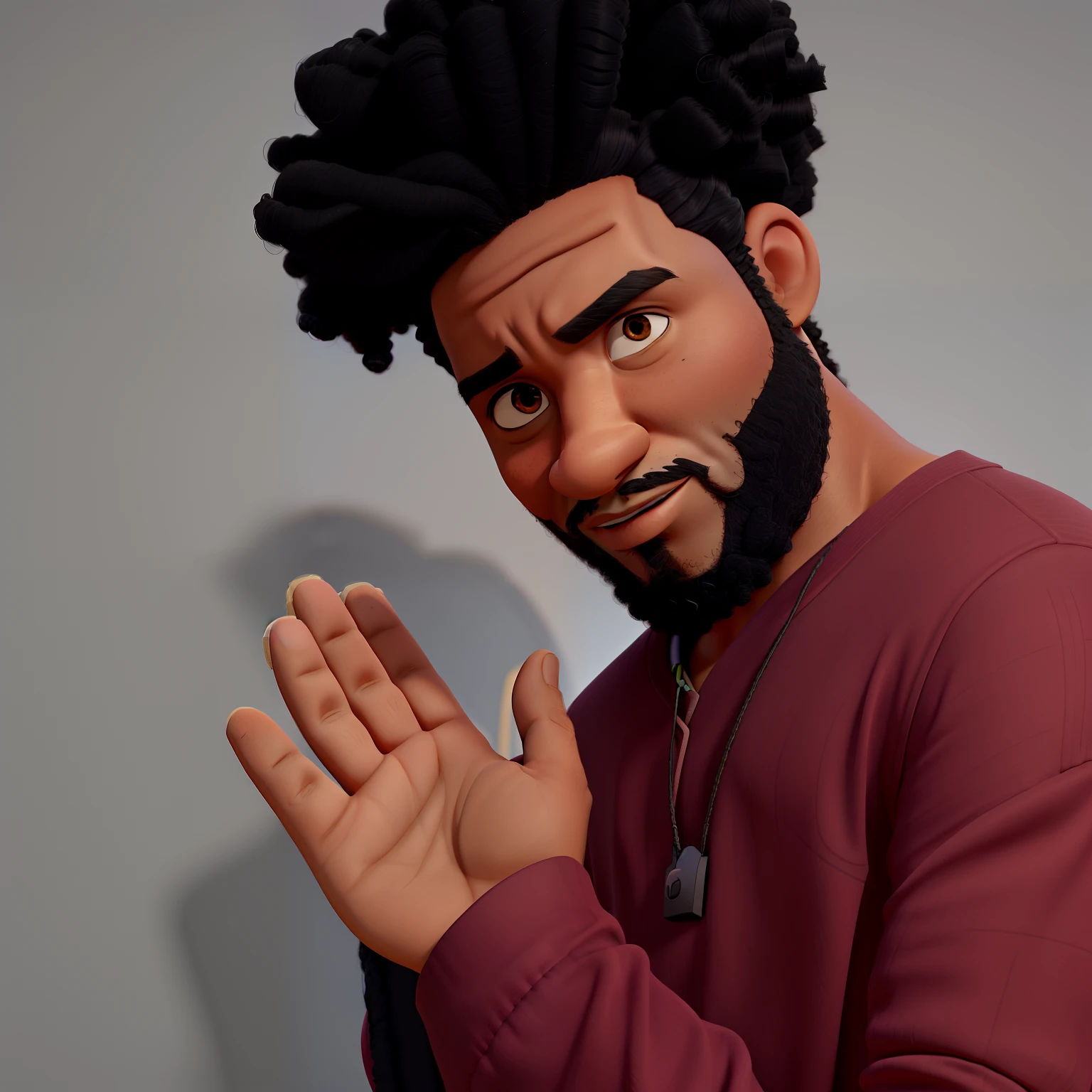 um homem negro de cabelo afro raspado nas laterais e barba cheia e bonita, the front of the chest are with the palms of the hand glued together, olhando para camera no estilo disney pixar, mantendo propriedades da imagem original