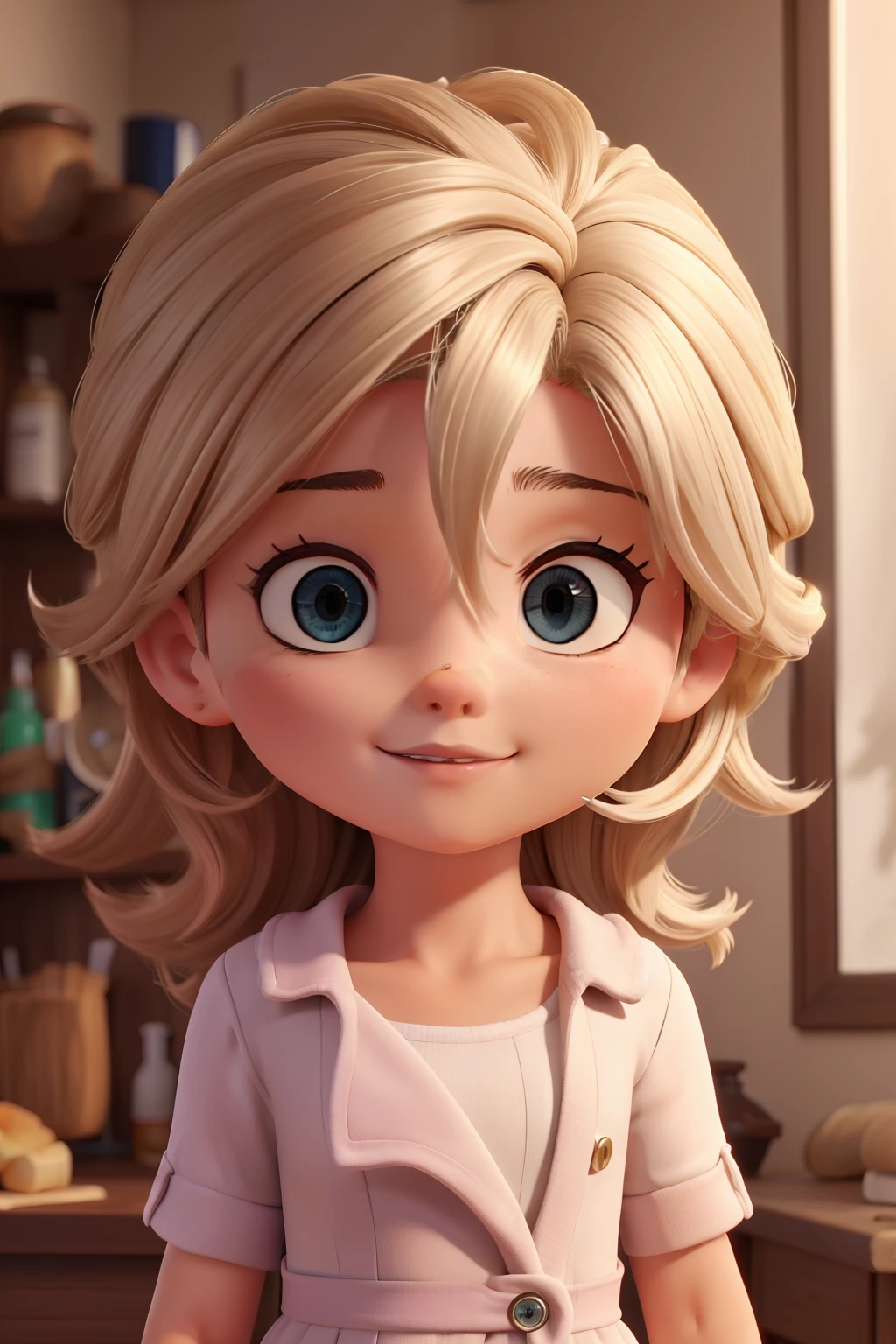 Cabelos loiros ,olhos vrtdes. Um pouco gordinha. Cabelo curto