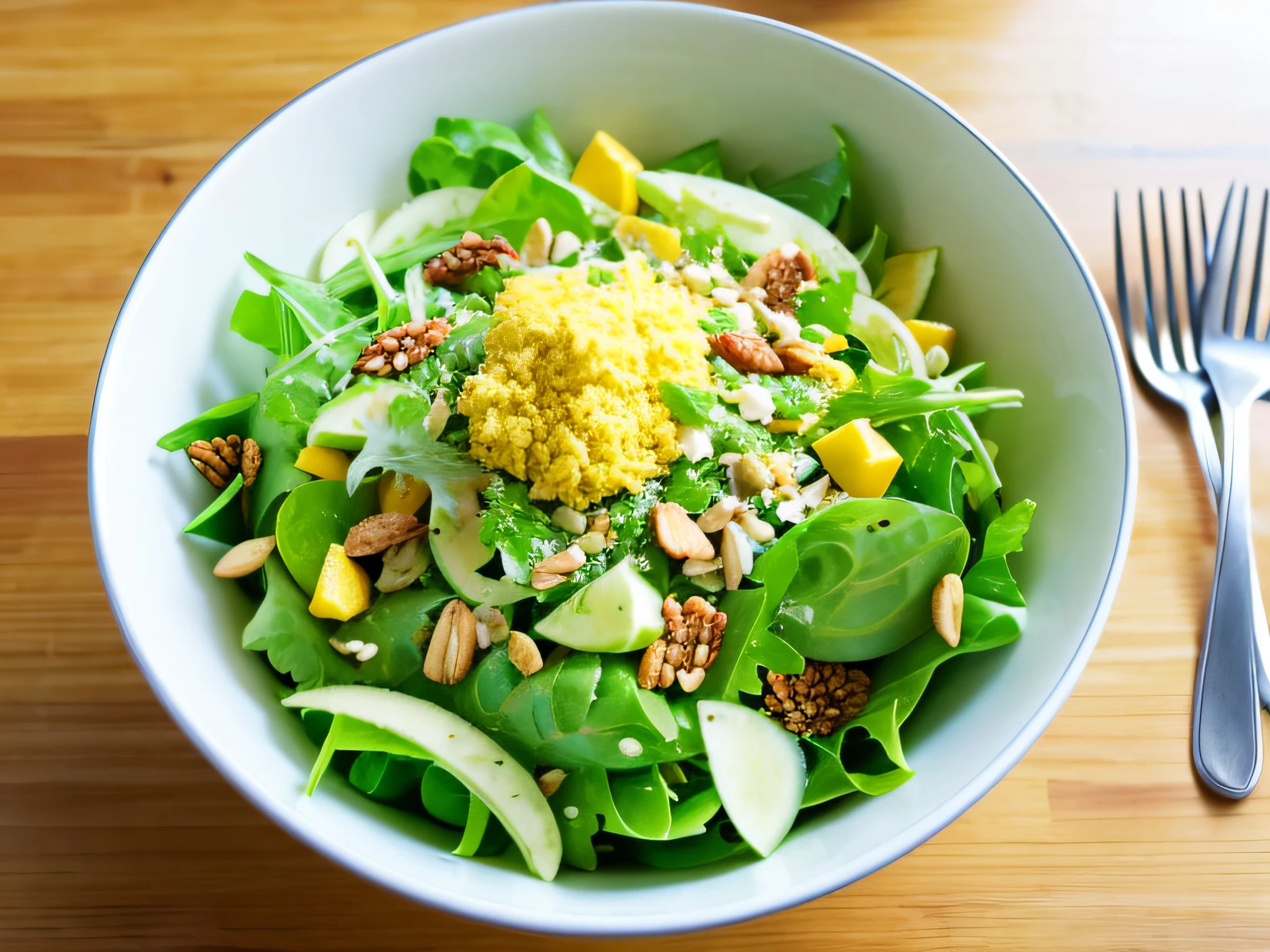 Photo of yellow-green salad in a bowl on the table, with copy space, real-life level, top quality.