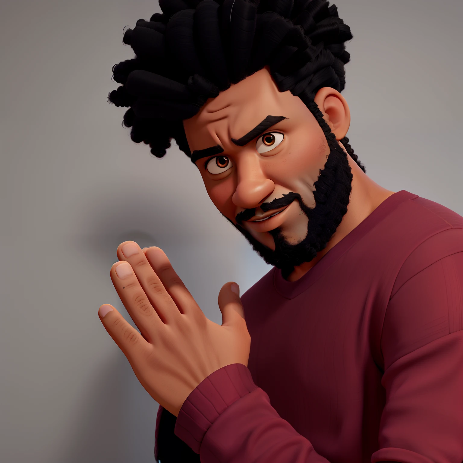 um homem negro de cabelo afro raspado nas laterais e barba cheia e bonita, the front of the chest are with the palms of the hand glued together, olhando para camera no estilo disney pixar, mantendo propriedades da imagem original