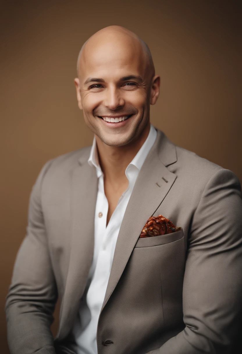 bald man, smiling, beige skin, white background