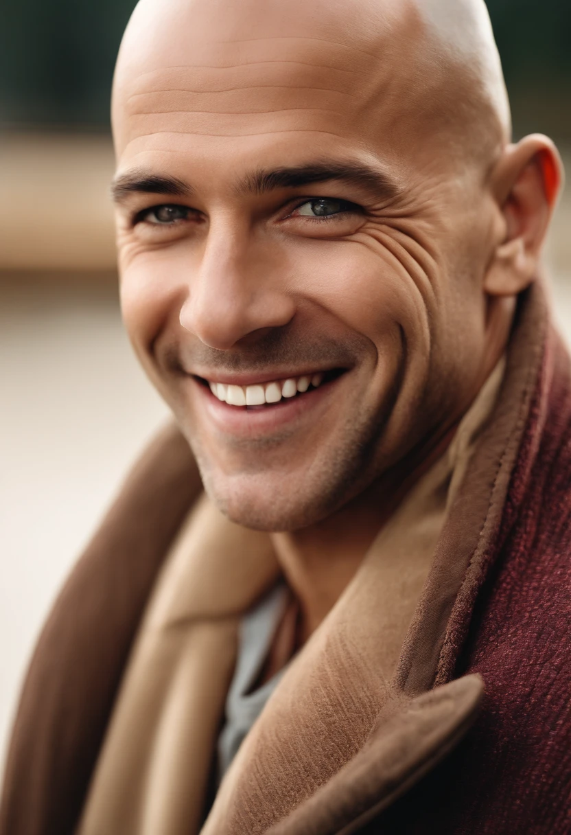 bald man, smiling, beige skin, white background