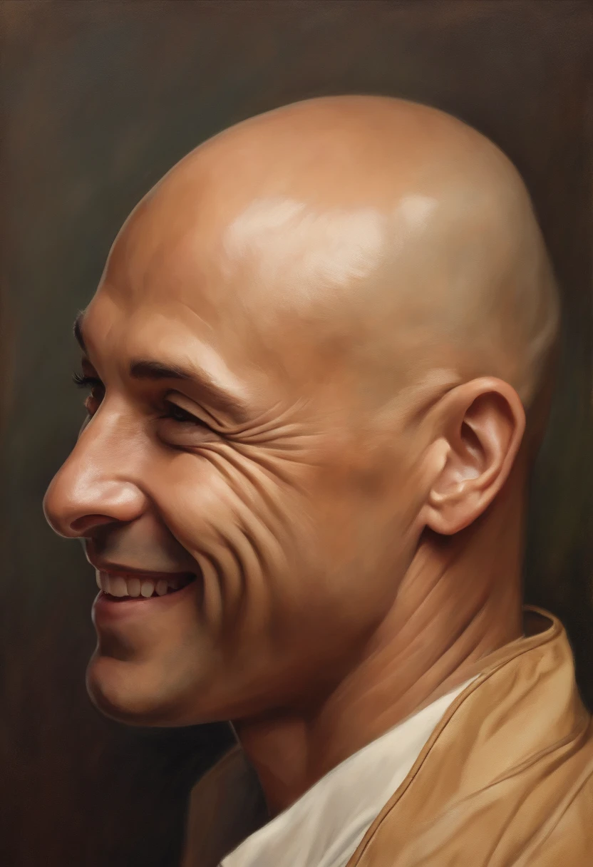bald man, smiling, beige skin, white background