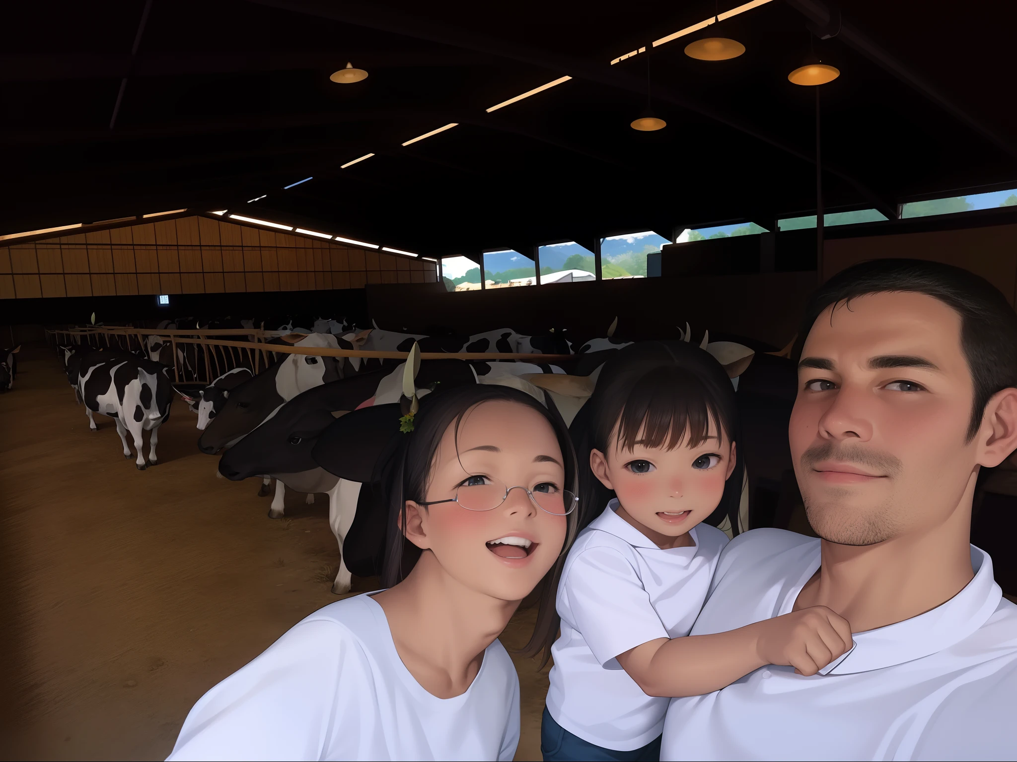 There are two people and a child standing in front of cows, em uma fazenda, mar de leite, Vacas, dentro de um celeiro de fazenda, vestindo roupas de fazenda, Directed by: Nandor Soldier, sem campo, random cows, Fazenda Central, Happy family, fora em uma fazenda, fazenda, Family photo, por Romain brook, dentro de um celeiro, foto selfie