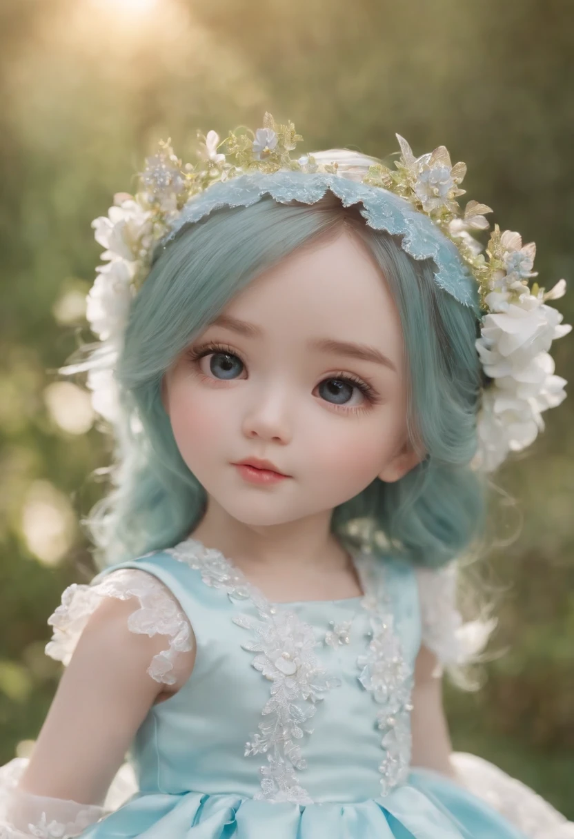 (The artwork), (Amazing work), (Indirect linear lighting), (Chibi Cute Studio), (Cute anime gifs), (Nice Pretty Kawaii), (Highly detailed wallpapers of CG 8k units), (1girl in) Wearing a beautiful dress, Cute ruffled tiara and long blue hair, Wear silk gloves, de pele branca, Green Blue Eyes, (Pretty cute)