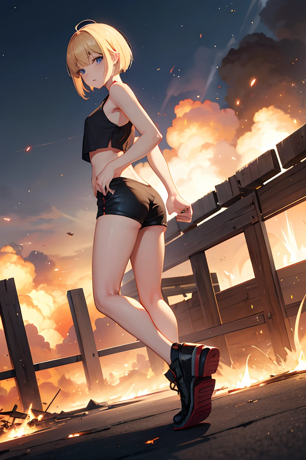 during night、Explosions and flames at an airbase、fence、Exploding buildings、Show your ass and turn around、cute blonde girl、cute face、elegant sleek smooth body、full body Esbian、Short bob hair、a blond、blue eyes、Black tank top、sexy black shorts、Wearing black shorts
