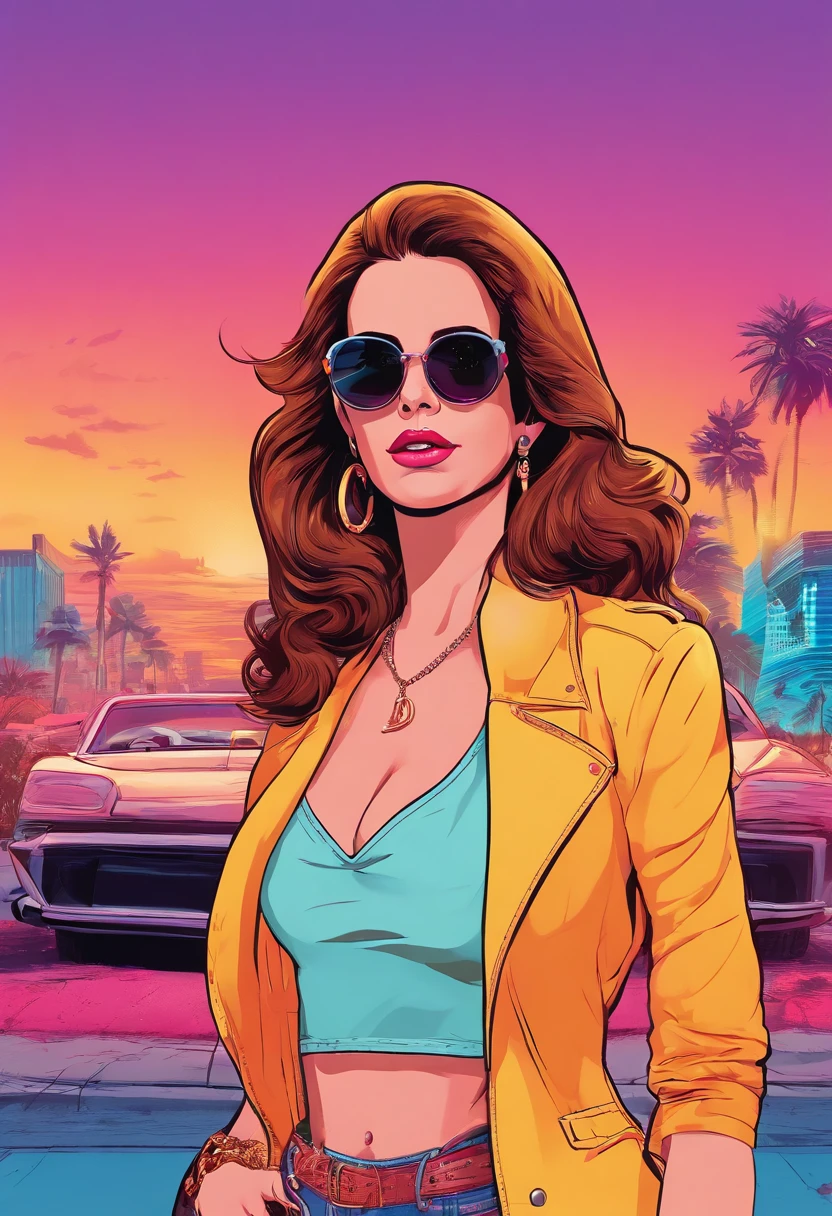 Lana del rey, (La mejor calidad,Ultra detallado,realista:1.37),hembra ,caderas anchas, pechos grandes, tacones altos, vivid colors