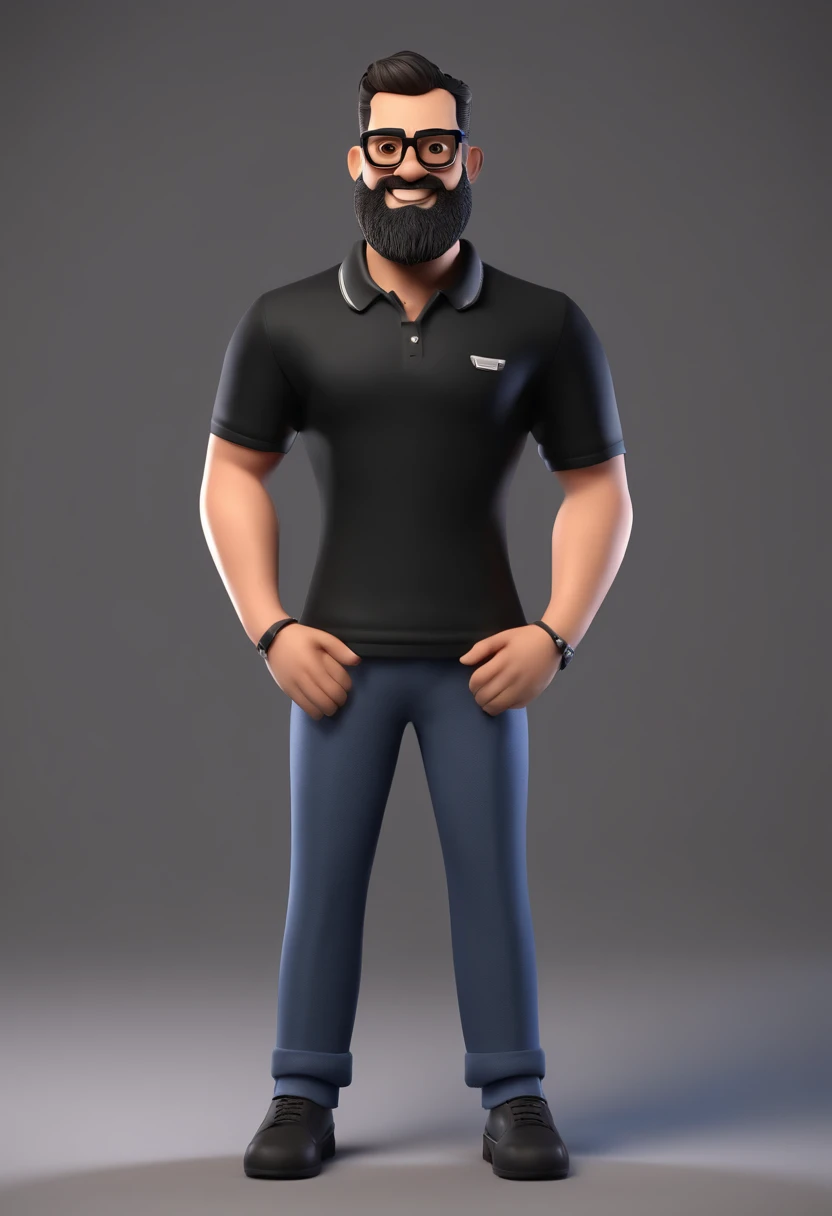 Cartoon character of a man with black glasses and a black polo shirt, cabelo liso, With beard and old school tattoo on his arm, animation character, Caractere estilizado, animation style rendering, 3D estilizado, Arnold Maya render, 3 d render stylized, toon render keyshot, Personagem 3D, Personagem 3D, 3d rendering stylized, 3 d character render, personagem de desenho animado, Personagem de close up, Pose de personagem, (Estilo Pixar) (master part:1.2) (Bokeh) (best quality) (pele detalhada) (textura detalhada) (8k) (argila) (Cinematic lighting) (foco nítido