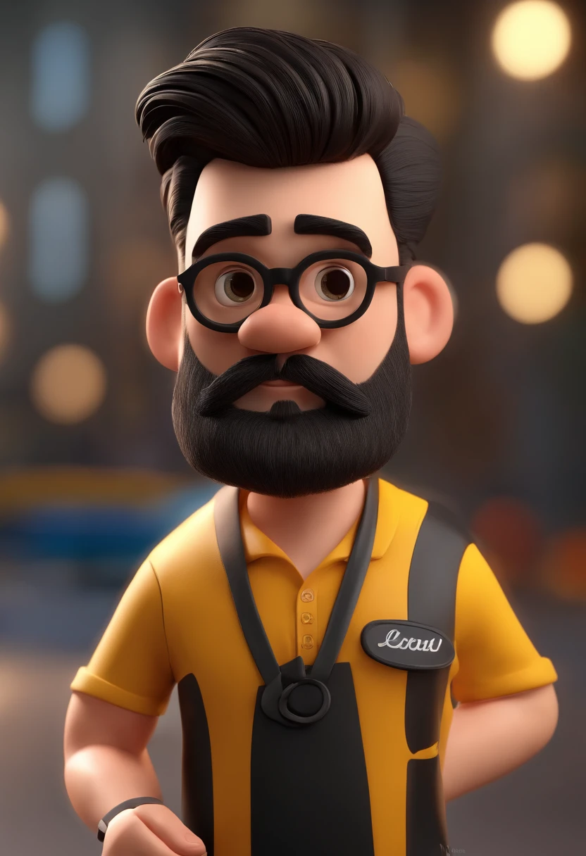 Cartoon character of a man with black glasses and a black polo shirt, cabelo liso, With beard and old school tattoo on his arm, animation character, Caractere estilizado, animation style rendering, 3D estilizado, Arnold Maya render, 3 d render stylized, toon render keyshot, Personagem 3D, Personagem 3D, 3d rendering stylized, 3 d character render, personagem de desenho animado, Personagem de close up, Pose de personagem,  (Estilo Pixar) (master part:1.2) (Bokeh) (best quality) (pele detalhada) (textura detalhada) (8k) (argila) (Cinematic lighting) (foco nítido