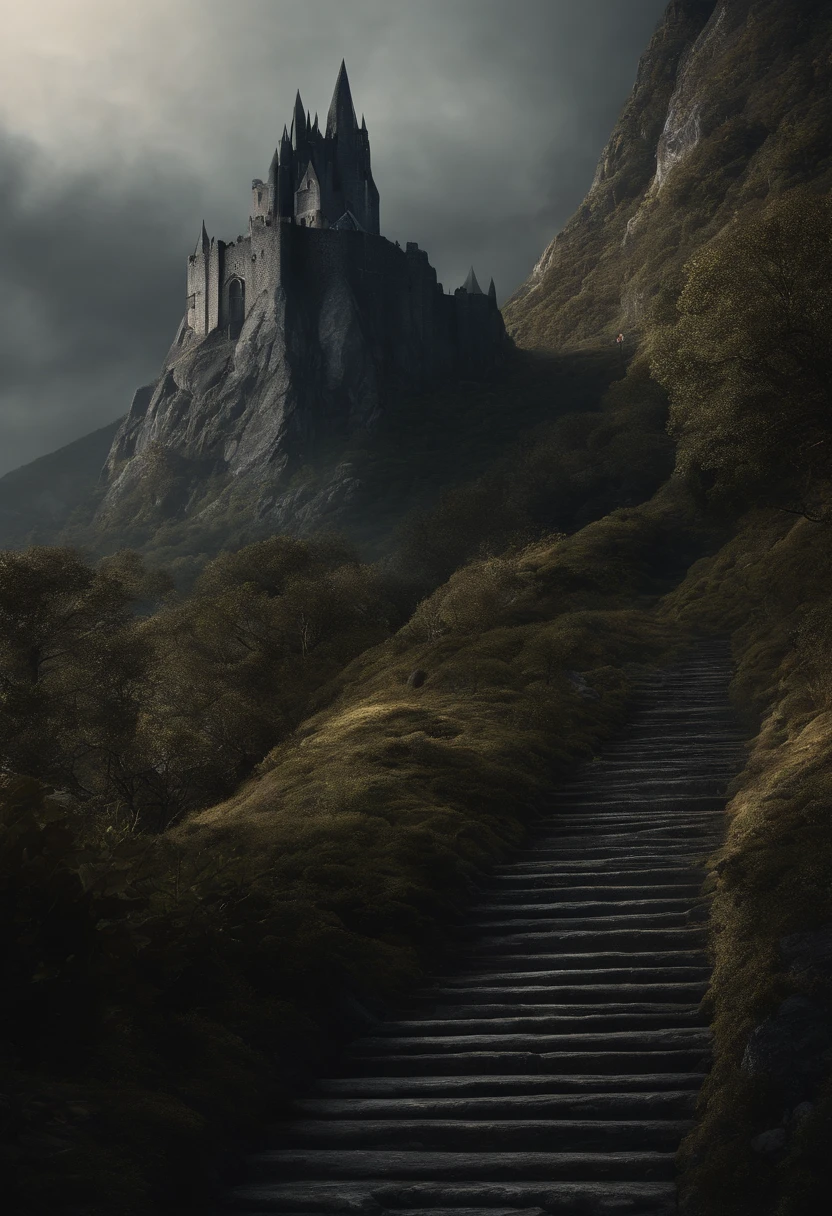 Vast angle, Vista do topo do pico, dentro de Dol Guldur, pisos escuros, um andar com varanda para vista do abismo, e piso com escada louca para baixo, Espinhos, paredes cravadas. Scary illustration, excessivamente detalhado, 8K resolution. Arte de terror.