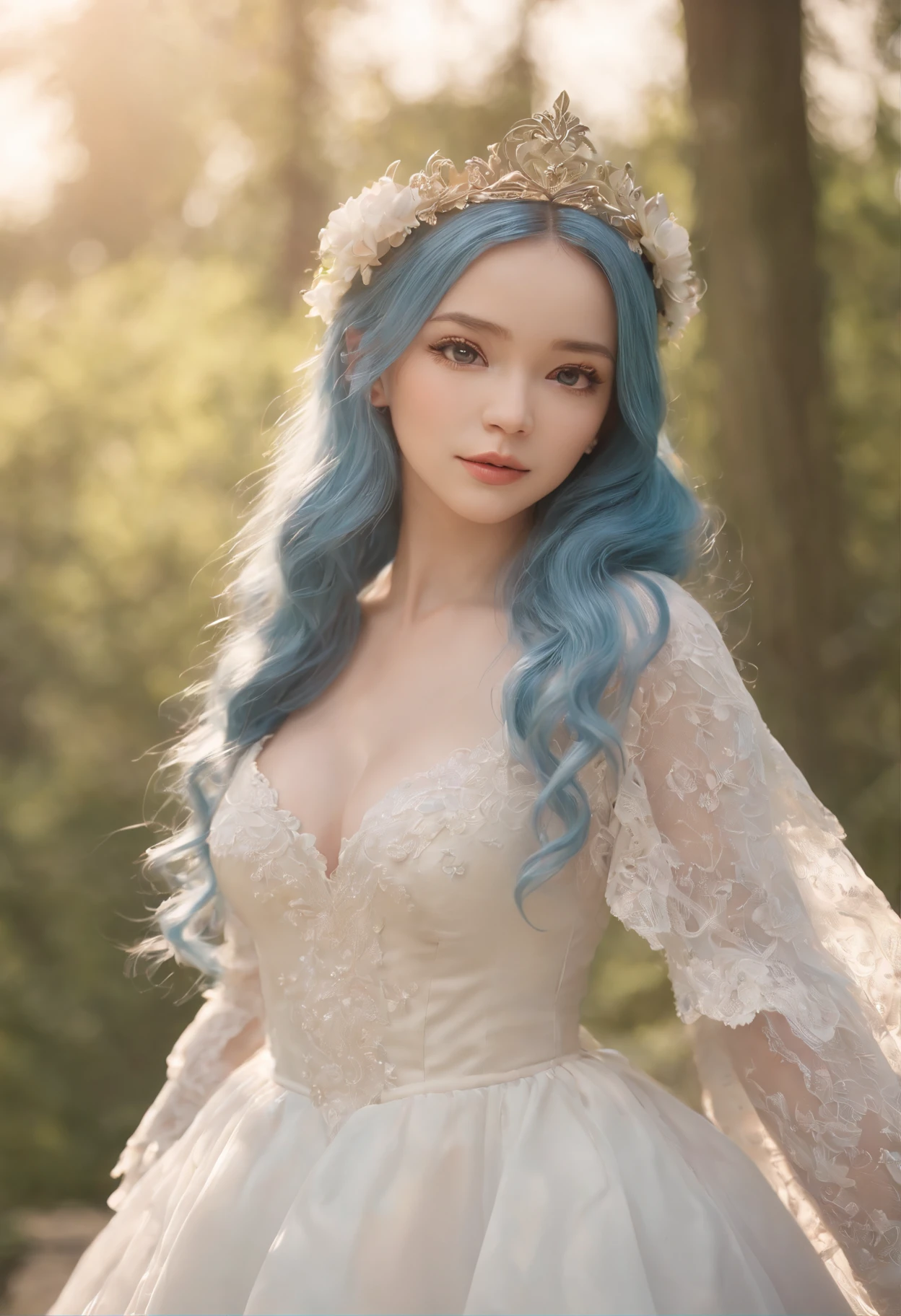 (The artwork), (Amazing work), (Indirect linear lighting), (Chibi Cute Studio), (Cute anime gifs), (Nice Pretty Kawaii), (Highly detailed wallpapers of CG 8k units), (1girl in) Wearing a beautiful dress, Cute ruffled tiara and long blue hair, Wear silk gloves, de pele branca, Green Blue Eyes, (Pretty cute)