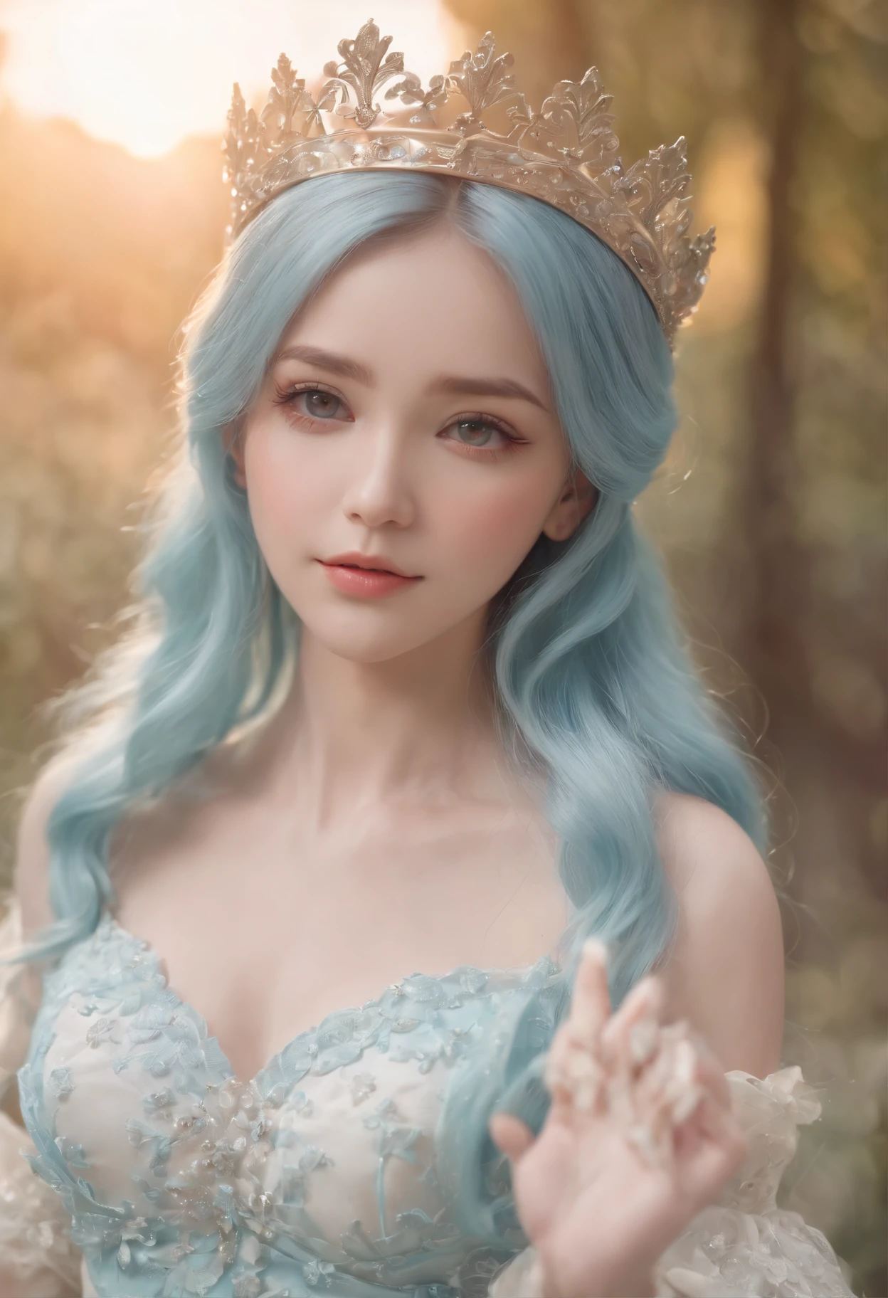 (The artwork), (Amazing work), (Indirect linear lighting), (Chibi Cute Studio), (Cute anime gifs), (Nice Pretty Kawaii), (Highly detailed wallpapers of CG 8k units), (1girl in) Wearing a beautiful dress, Cute ruffled tiara and long blue hair, Wear silk gloves, de pele branca, Green Blue Eyes, (Pretty cute)