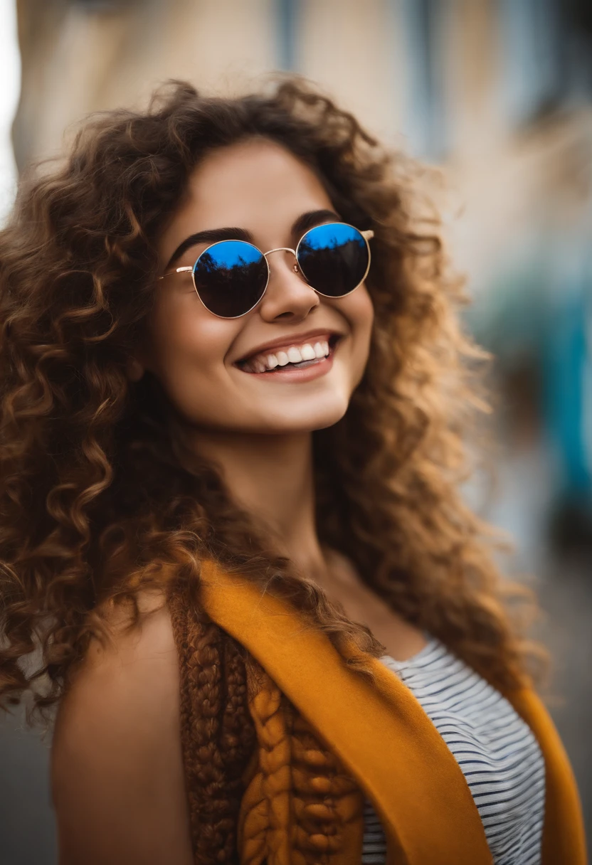 Uma mulher de 18 anos, com longos cabelos castanhos, Rosto redondo, sorriso encantador, e olhos castanhos, wearing glasses.