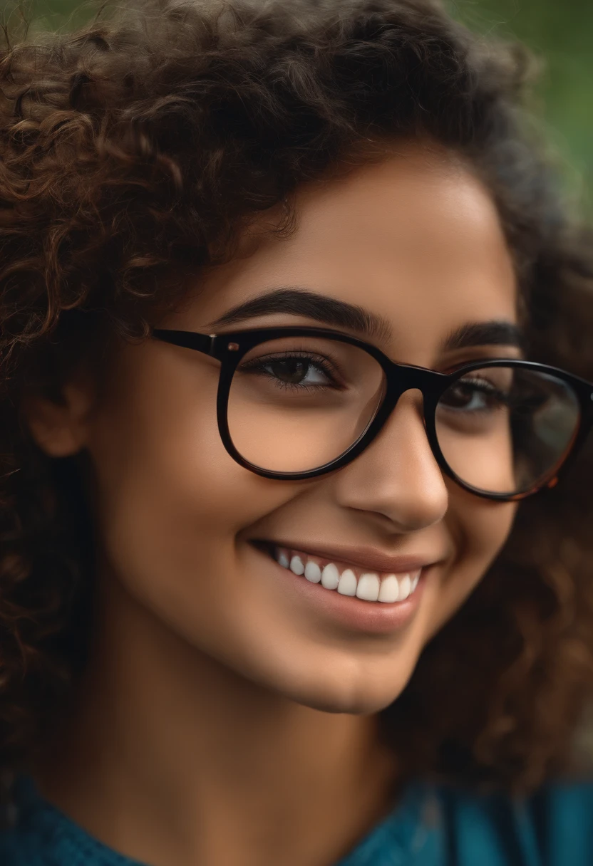 Uma mulher de 18 anos, com longos cabelos castanhos, Rosto redondo, sorriso encantador, e olhos castanhos, wearing glasses.