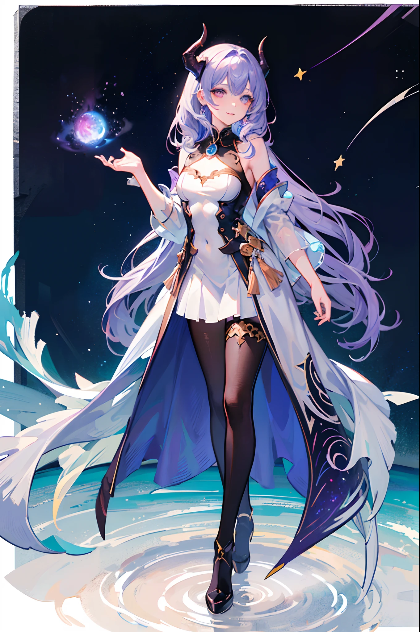 (masterpiece), high quality, perfect face, detailed eyes, (dragon woman), feminine, elegant, (heterochromatic eyes), (gentle smile), (curved horns), long pastel purple hair, (medium chest), (wearing a white and purple elegant dress), (colorful nebula background), (walking on a sea of stars:1.2), (up view), (looking at the viewer), (holding a constellation on hand)