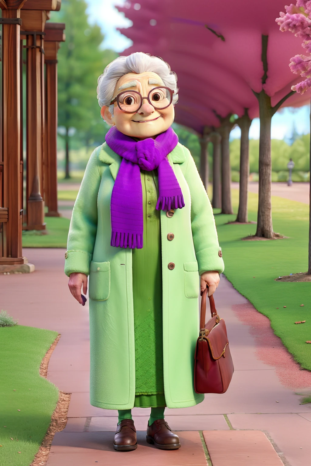 masterpiece, best quality, an old woman with glasses and a scarf on, wearing a purple coat and green scarf, standing at the park