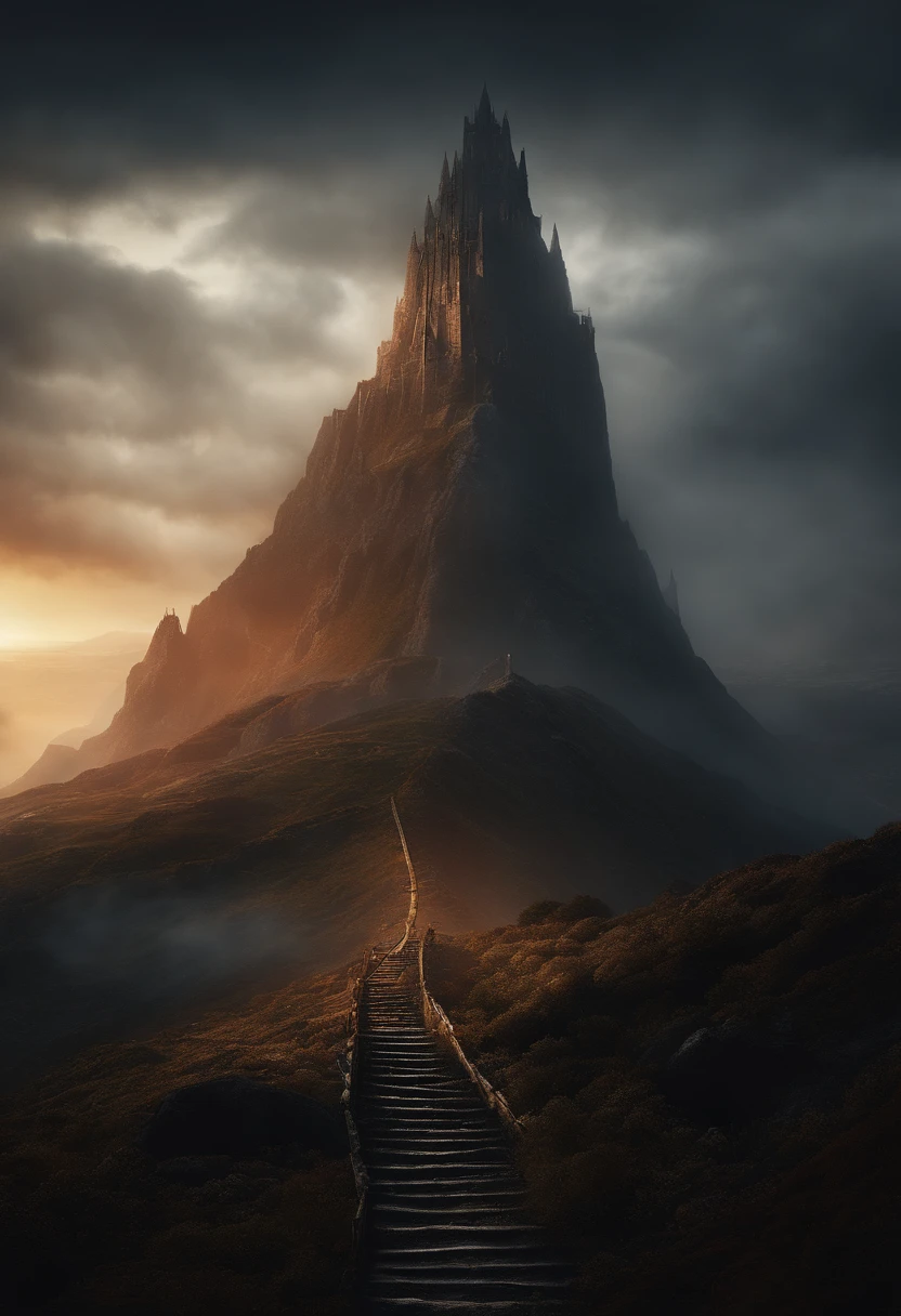 Vast angle, Vista do topo do pico, dentro de Dol Guldur, pisos escuros, um andar com varanda para vista do abismo, e piso com escada louca para baixo, Espinhos, paredes cravadas. Scary illustration, excessivamente detalhado, 8K resolution. Arte de terror.