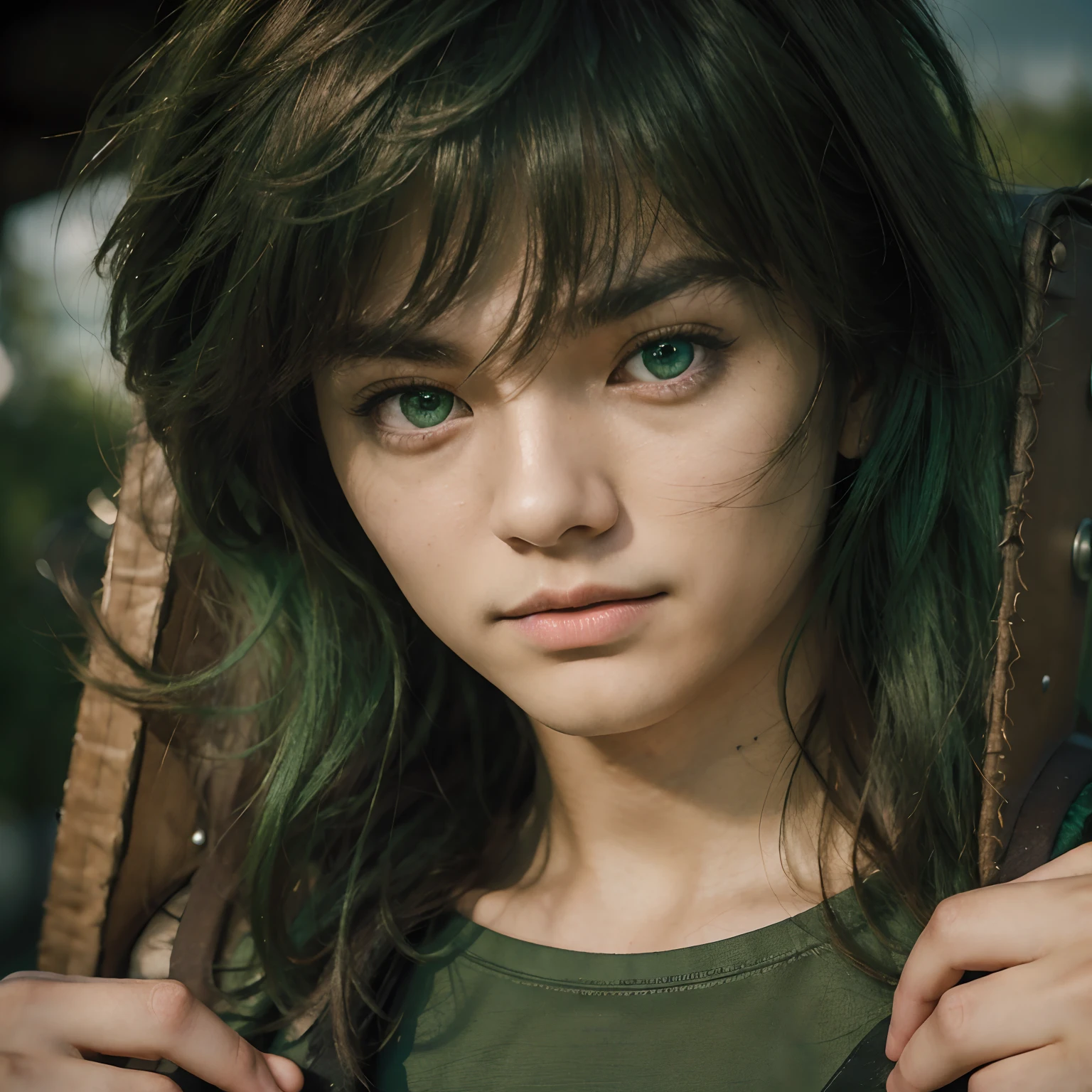 (masterpiece), (realistic), close up portrait of a man, (male), 20 years old, asian (1boy), serious expression, solo, (handsome man), ((pretty big green eyes)), ((well done eyes)), ((perfect eyes)), serious, powerful look, medium messy green hair, ((bangs)), hair blowing in the air, (beardless), green t-shirt, aurora boreal sky background, metal box on his back, handle leather shoulder straps, cinematic lighting. ((male face)).