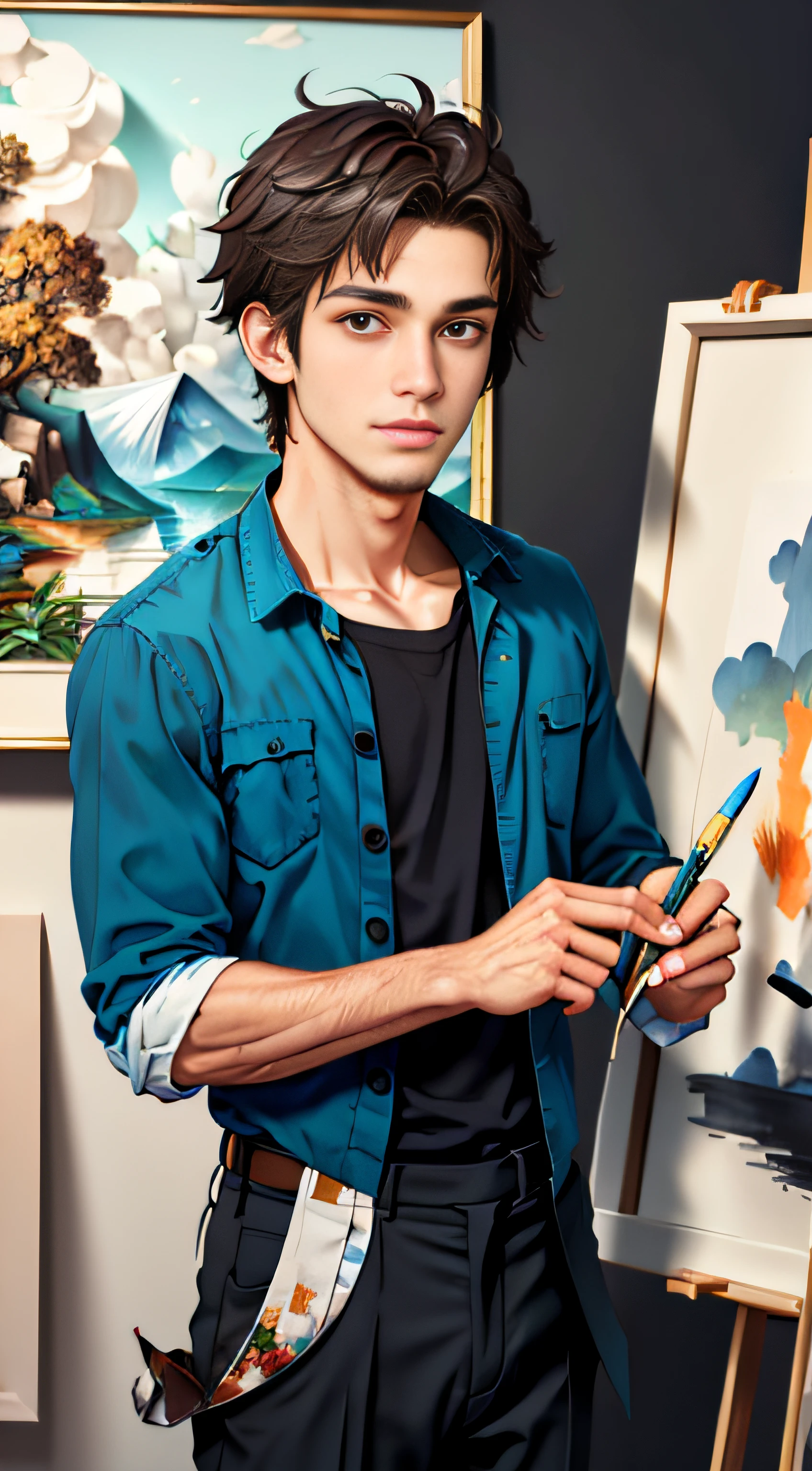 young male artist, with brush in hand, in front of painting, masterpiece, high detail content, origami