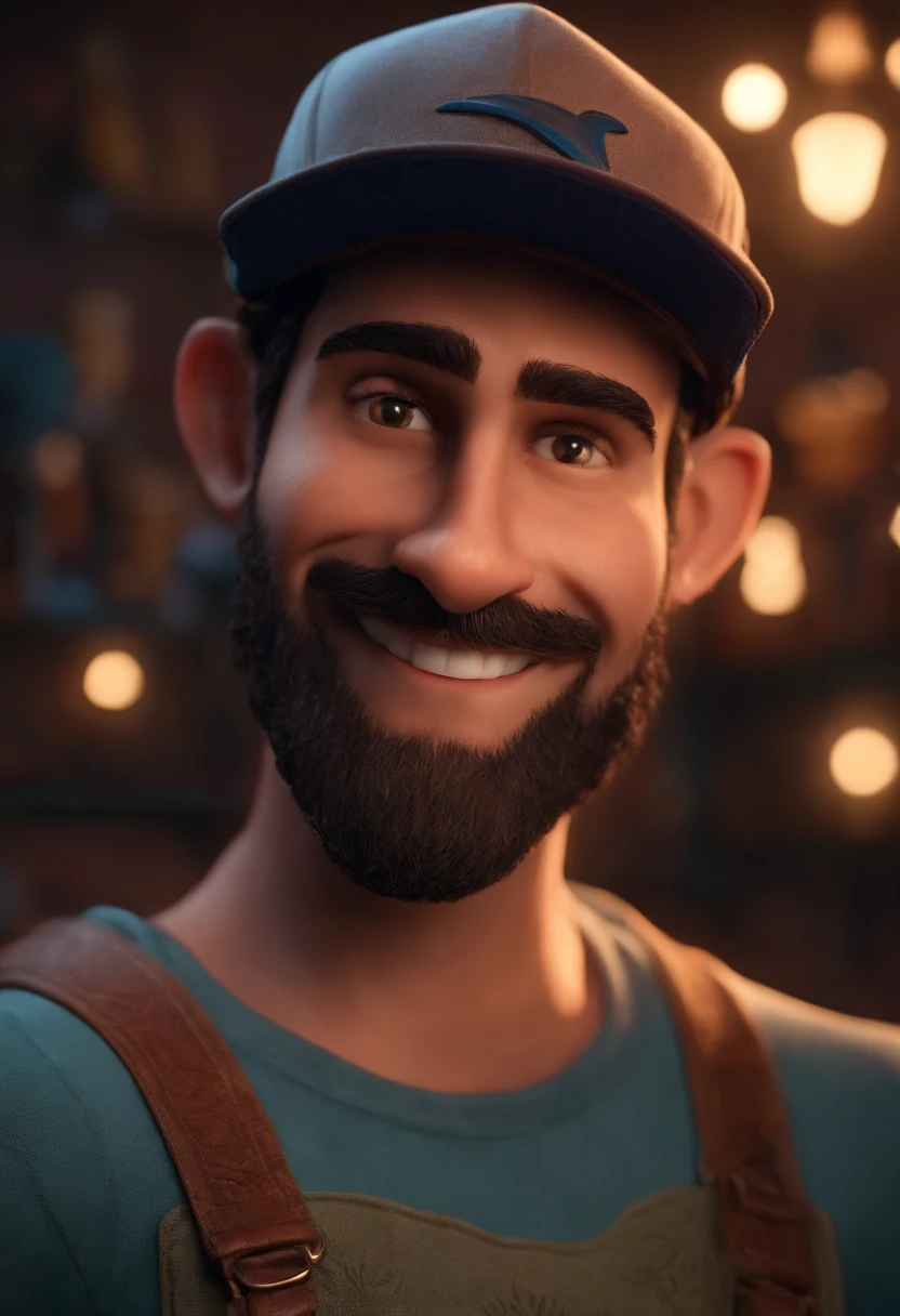 Imagem estilo Pixar com personagen 3d Disney,with a man with a short beard with dirty tattoo on his cap, bonitinho, sorridente ,Close-up, Pixar, Disney, Cinema lighting,