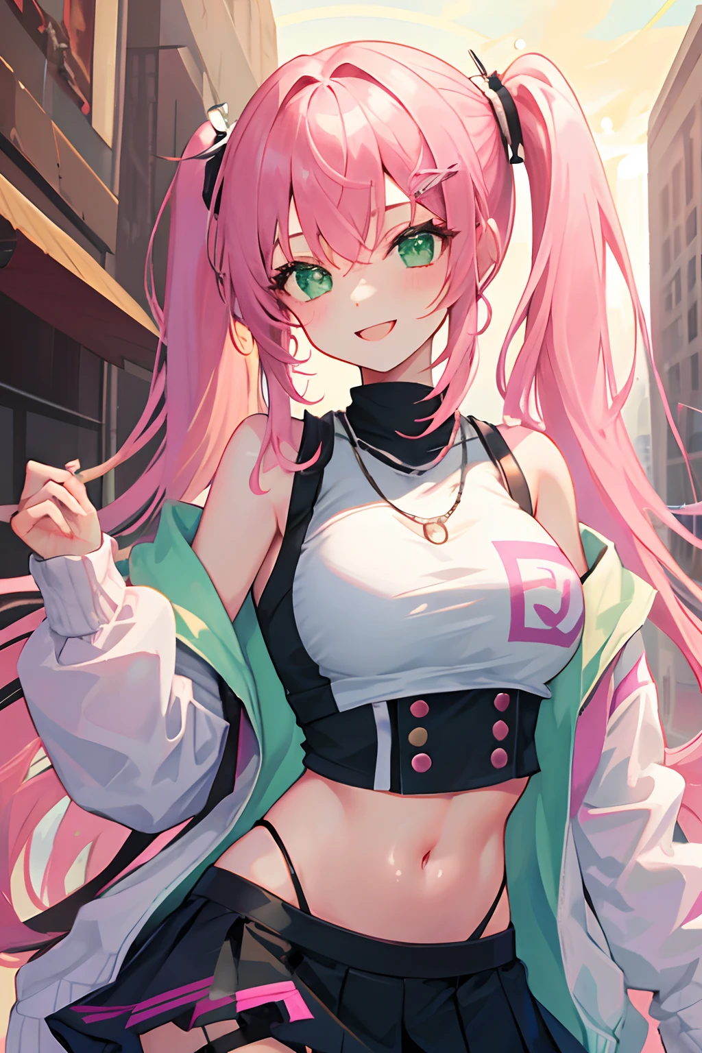 1girl, masterpiece, pink hair, asian, blunt bangs, long hair, twin tails, large breasts, miniskirt, cardigan, garter belt, midriff, necklaces, green eyes, light smile