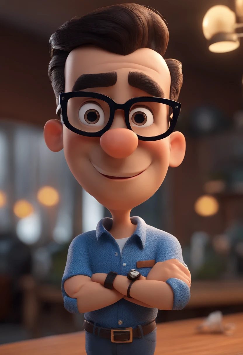 Cartoon character of a man with black glasses and a blue shirt, animation character, Caractere estilizado, animation style rendering, 3D estilizado, Arnold Maya render, 3 d render stylized, toon render keyshot, Personagem 3D, Personagem 3D, 3d rendering stylized, 3 d character render, personagem de desenho animado, Personagem de close up, Pose de personagem, (Estilo Pixar) (master part:1.2) (Bokeh) (best quality) (pele detalhada) (textura detalhada) (8k) (argila) (Cinematic lighting) (foco nítido