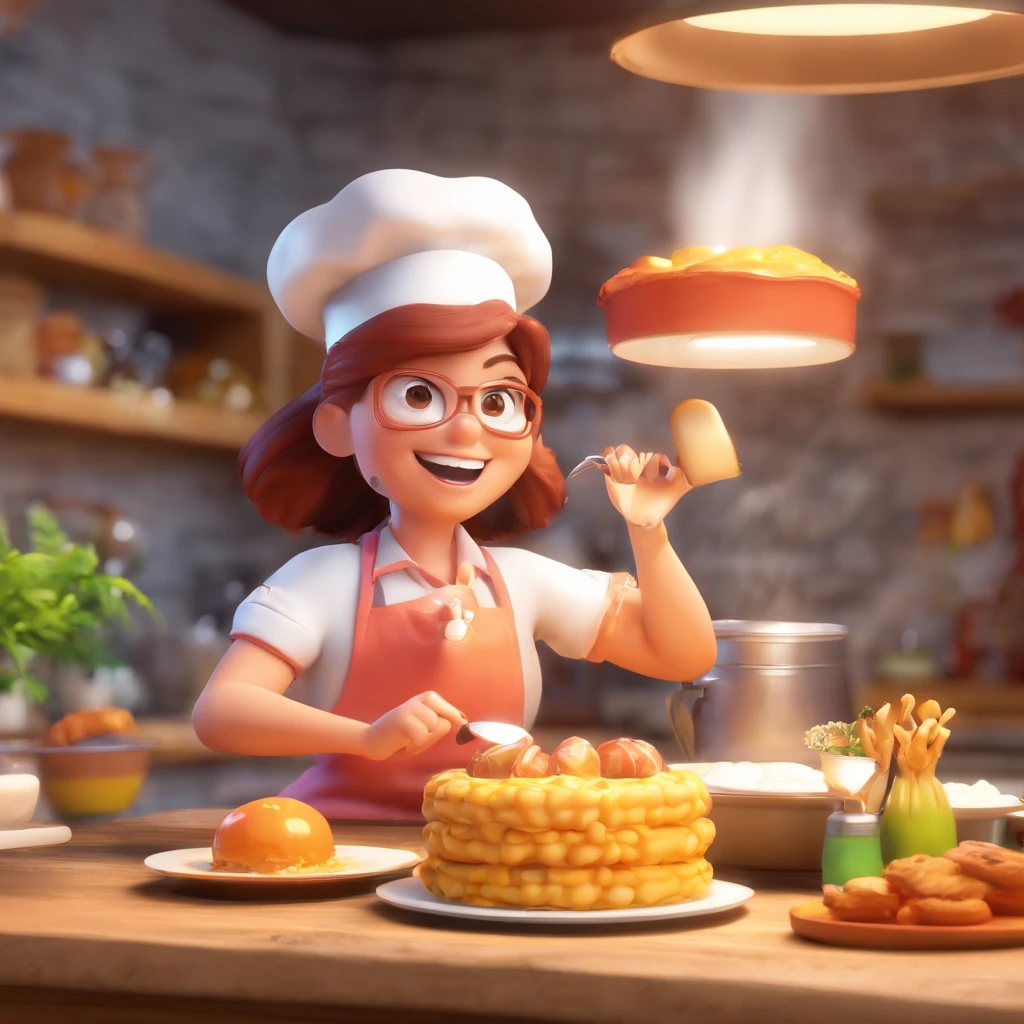 Crie uma cena de desenho animado  estilo 3d -Pixar, Onde um homem, pardo com 38 anos de idade, She's cooking dressed as a pastry chef.