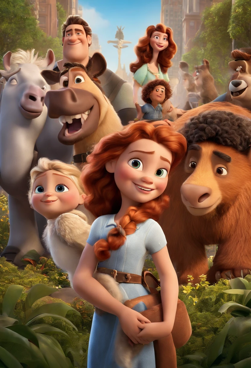 a Disney Pixar movie poster showing a white-skinned family. O pai trm barba curta, moreno, cabelos curtos e espinhosos. The mother has dark brown eyes and hair and is slightly overweight. A menina tem 7 anos e cabelos castanhos escuros, roupa branca e rabo de cavalo. The background is Paulista Avenue seen from the SESC Paulista Viewpoint. 3D-rendering