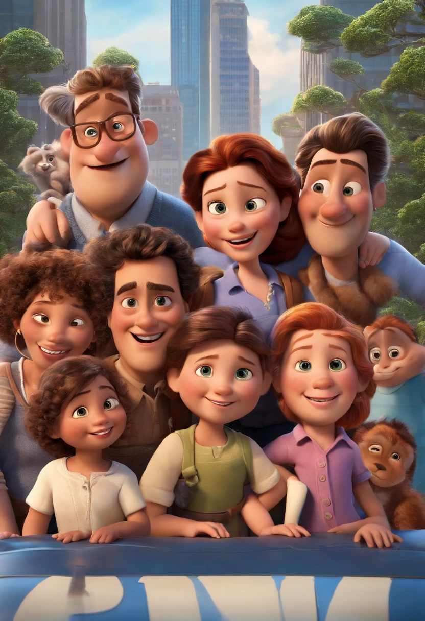 a Disney Pixar movie poster showing a white-skinned family. O pai trm barba curta, moreno, cabelos curtos e espinhosos. The mother has dark brown eyes and hair and is slightly overweight. A tem 7 anos e cabelos castanhos escuros, roupa branca e rabo de cavalo. The background is Paulista Avenue seen from the SESC Paulista Viewpoint. 3D-rendering