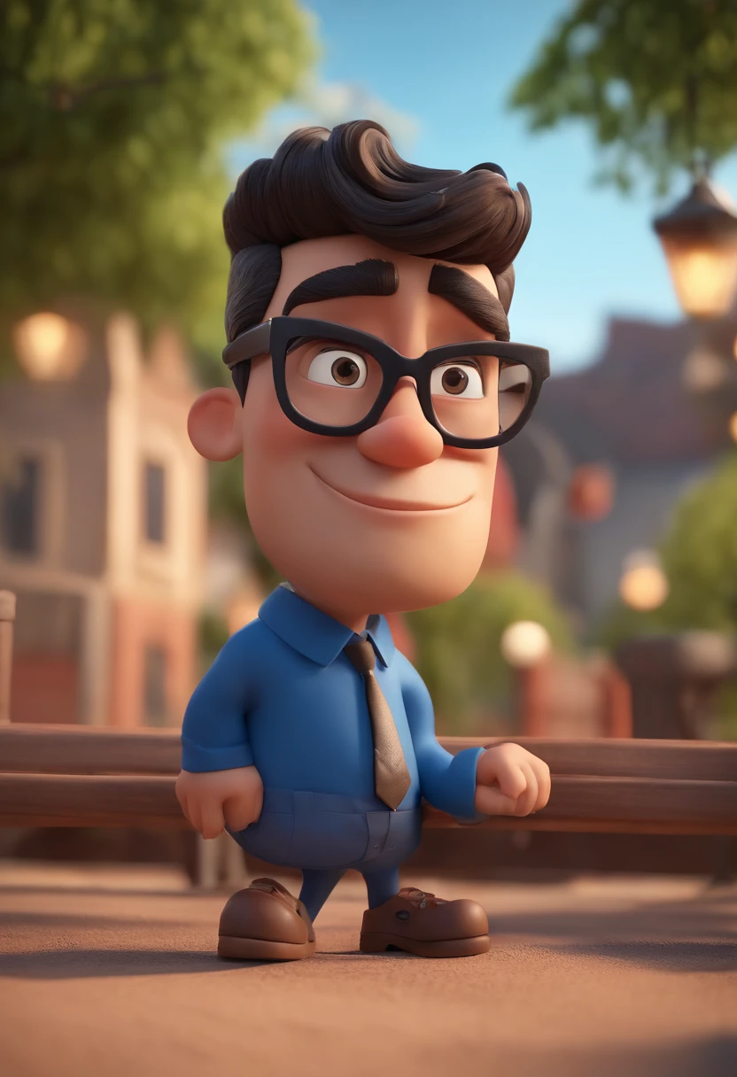 Cartoon character of a man wearing black glasses and a blue shirt, um personagem animado, Caractere estilizado, animation style rendering, 3D estilizado, Arnold Maya render, 3 d render stylized, toon render keyshot, Personagem 3D, Personagem 3D, 3d rendering stylized, 3 d character render, personagem de desenho animado, Personagem de close up, Pose de personagem, (Estilo Pixar) (master part:1.2) (Bokeh) (best quality) (pele detalhada) (textura detalhada) (8k) (argila) (Cinematic lighting) (foco nítido,Senta e vaza a parte superior do corpo