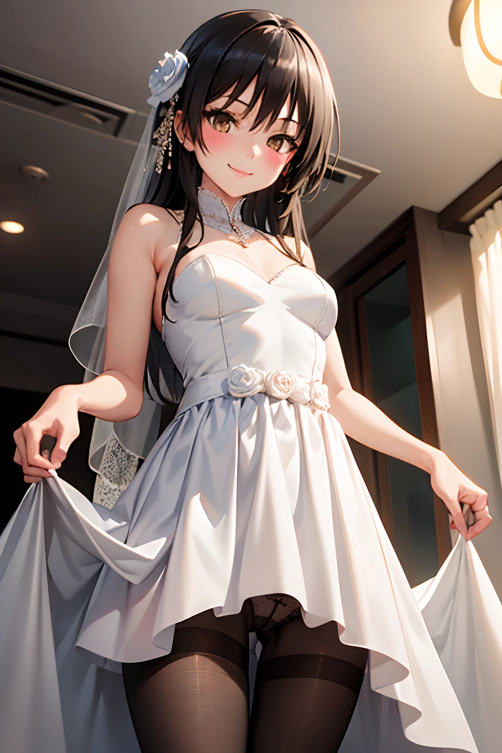 Best Quality, masutepiece, Portrait, , 1girl in, Kotegawa Yui, Black hair, Long hair, Long bangs, Brown eyes, medium udder, ((chies)), Looking at Viewer, Smile,Photo from below、((weddingdress))、((pantyhose))、((Show panties))、