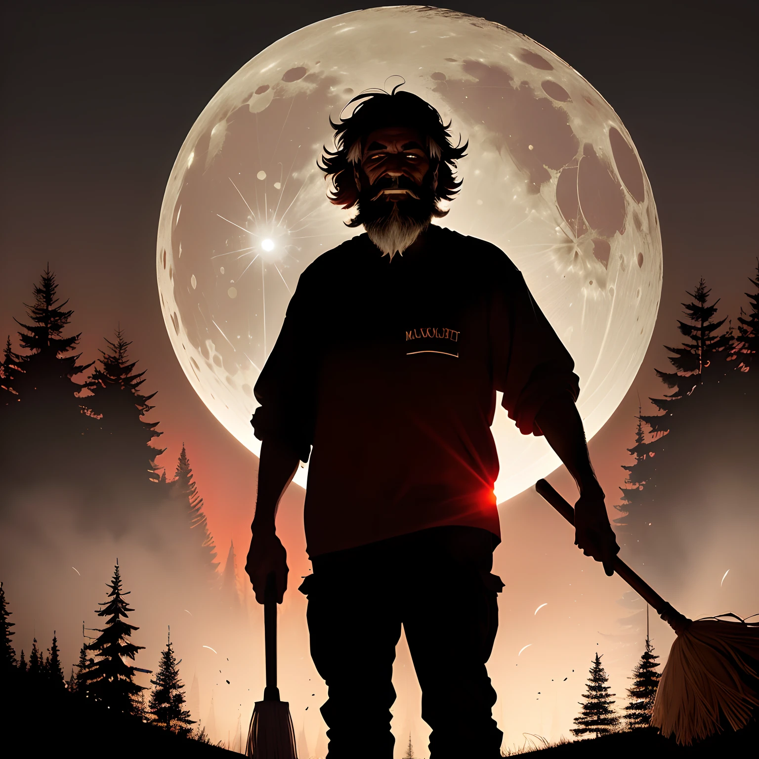 Drunken shaggy old janitor with broom in hand, Silhouette on the background of the lunar disk, Shiny drunken red eyes, red glare in the eyes, Tousled beard, Crooked grin, Drunken Grin, A lit cigarette in your teeth; Forest Park, twilight, An intimidating atmosphere