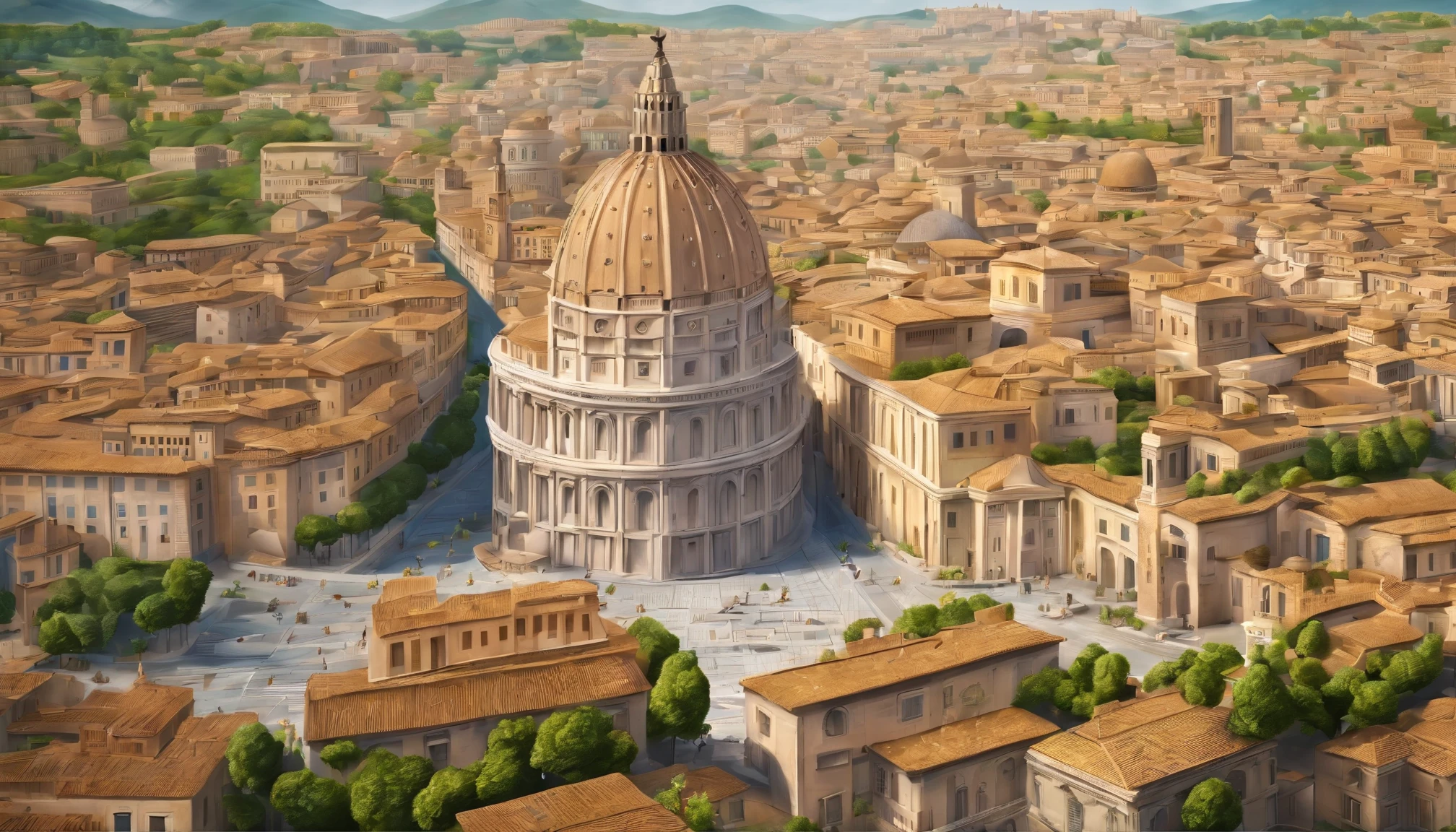 city of Rome, sunny, rich, classy, opulent, HD, highly detailed, clean drawings, 2d, joy, good mood, happiness, whimsical, 64K, isometric