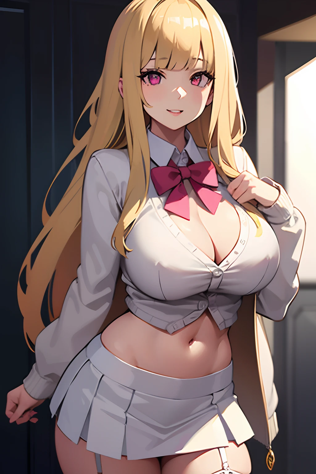 1girl, masterpiece, blonde hair, blunt bangs, long hair, large breasts, miniskirt, cardigan, white shirt, bow tie, garter belt, midriff, necklaces, pink eyes, light smile, huge lips, realistic