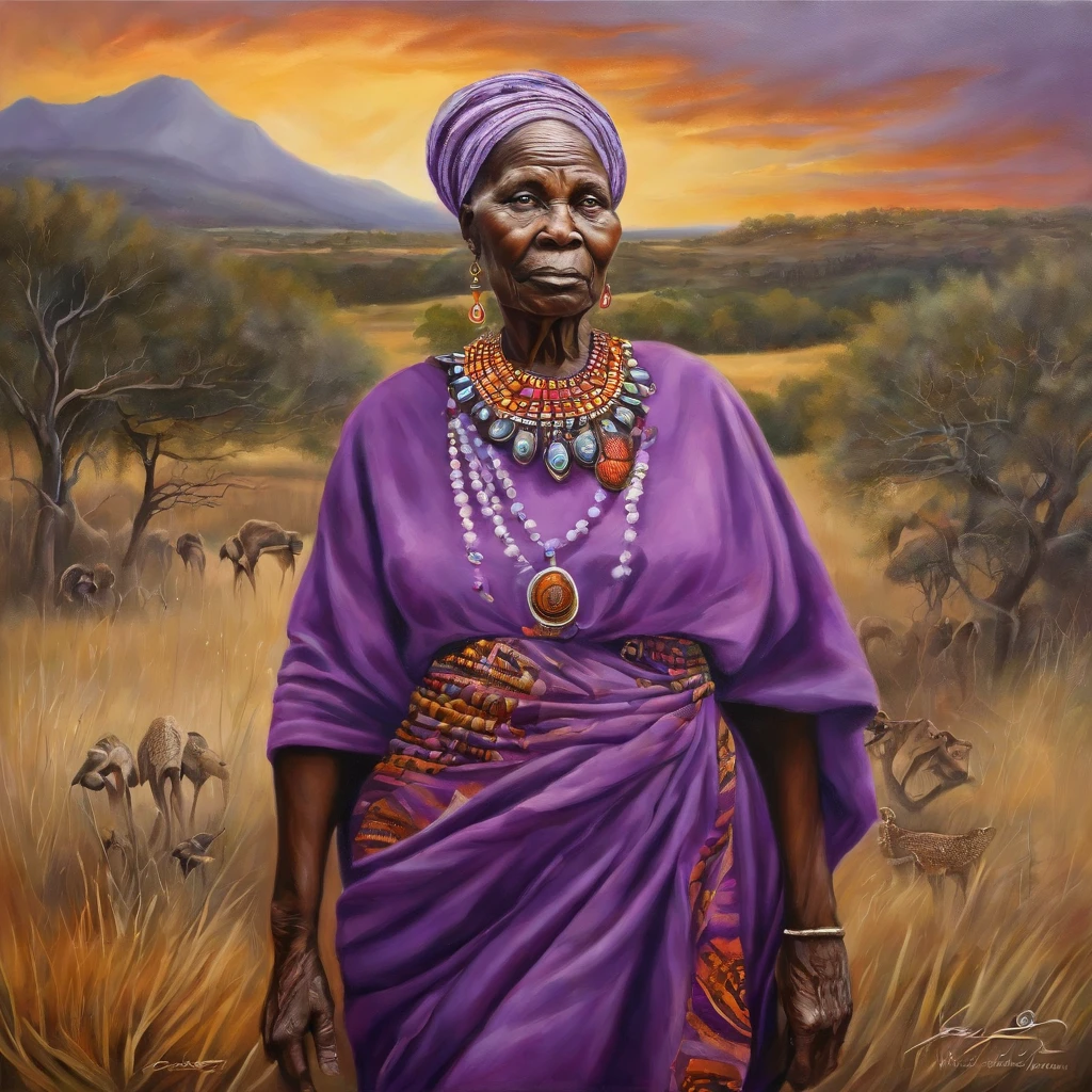 An elderly African woman stands amidst the rolling hills of the African savannah of the orishas, Sua figura marcante vestida com uma roupa roxa fluida e ornamentada, with silver and sparkling jewels, That moves softly in the sunset breeze. The intricate patterns and symbols that adorn the fabric are a testament to the deep spirituality and cultural significance of its people. His gaze is steady and strong, a reflection of the wisdom and experience of a life lived to the fullest. The sun sets behind her, casting a warm glow over the silvery grasses and towering trees that surround it. The air is alive with the sounds of nature, lilac flowers and the distant appeals of animals blending seamlessly into a symphony of life. While she's there, Your hands are at rest at your side, Sua perfeita, The immaculate form is a testament to the grace and beauty of her people. Each finger is long and slender, Its curves and contours a work of art in its own right. This photorealistic portrait of an elderly African woman in ancient purple African costumes is a powerful reminder of the beauty and majesty of the African continent and the rich cultural heritage of its people. It's a celebration of life, of love and the enduring power of the human spirit.