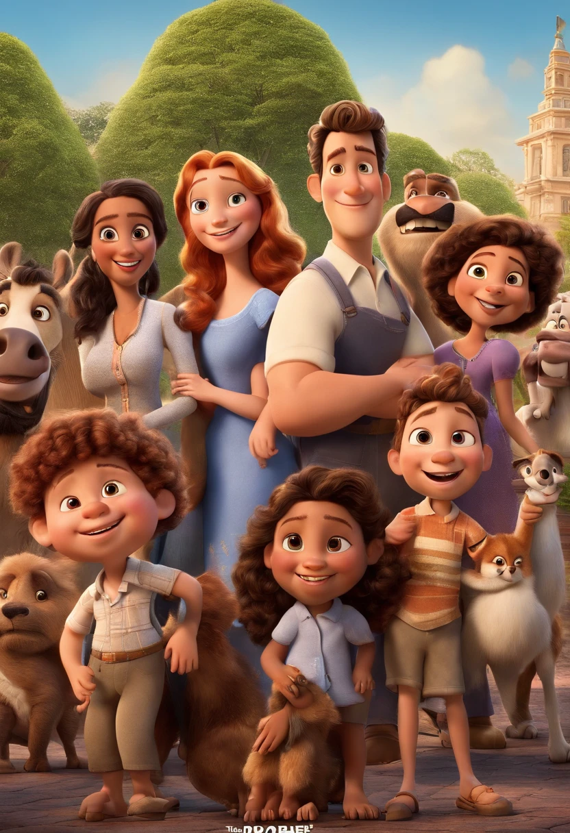 a Disney Pixar movie poster showing a white-skinned family. O pai trm barba curta, Moreno, cabelos curtos e espinhosos. The mother has dark brown eyes and hair and is slightly overweight. A menina tem 7 anos e cabelos castanhos escuros, roupa branca e rabo de cavalo. The background is Paulista Avenue seen from the SESC Paulista Viewpoint. 3D-rendering
