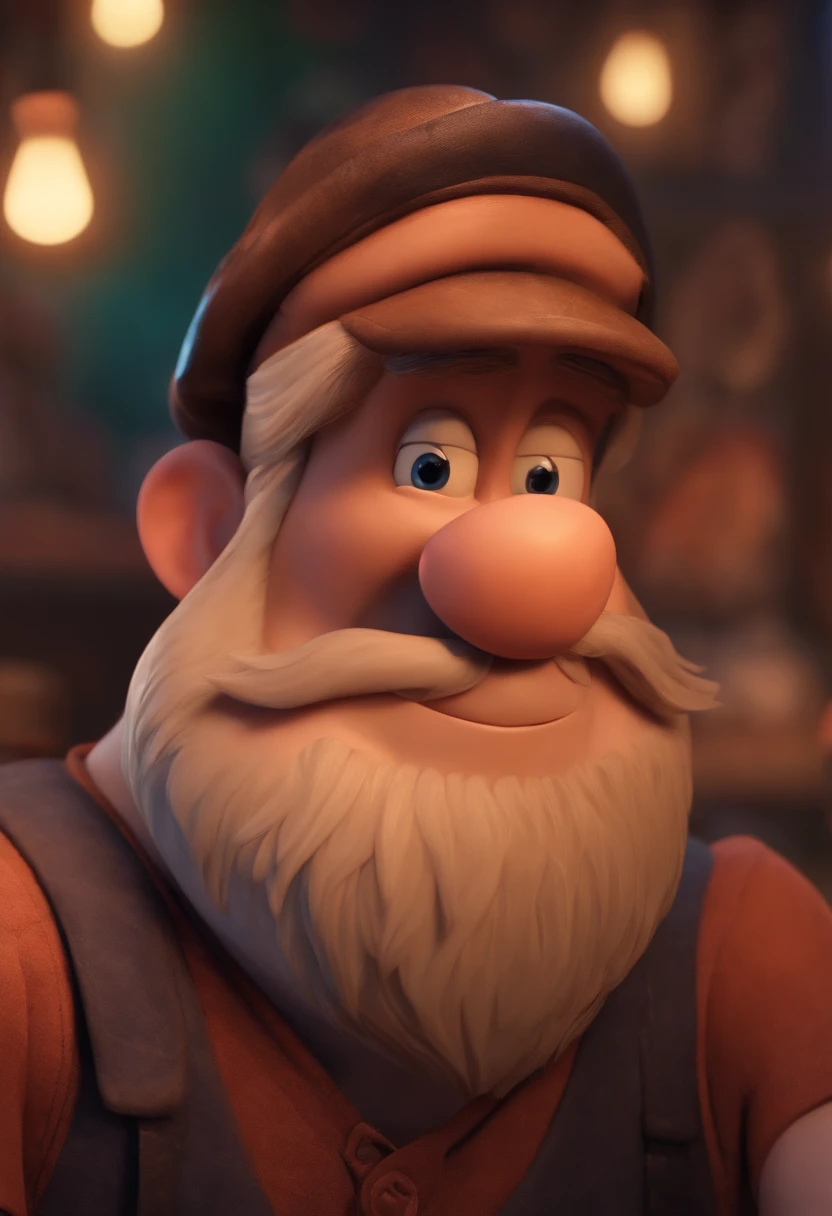 Imagem estilo Pixar com personagen 3d Disney,with a bearded man with a big short nose with dirty cap tattoo, bonitinho, sorridente ,Close-up, Pixar, Disney, Cinema lighting,