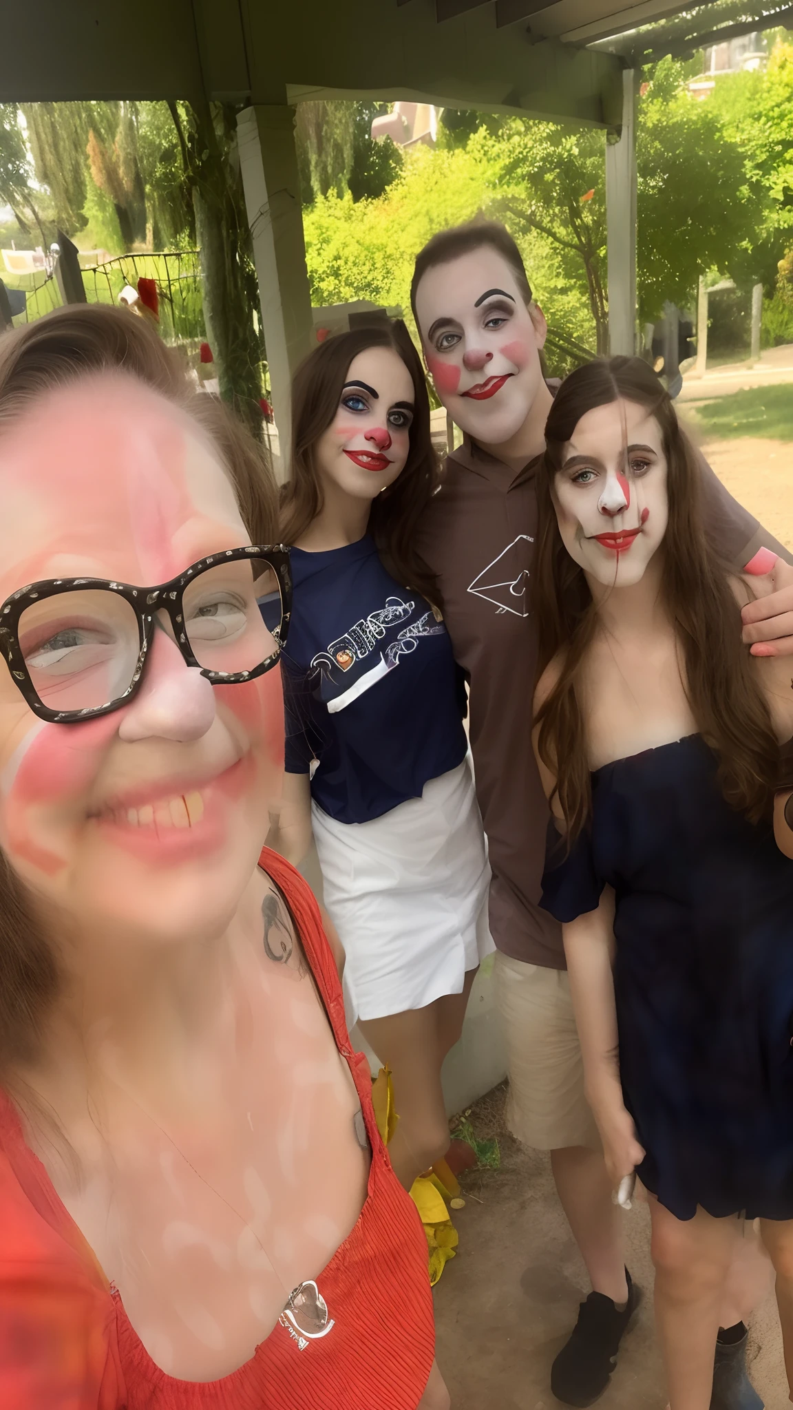 Clown with red nose and white face painted in leopard print vest, wearing clown makeup, wearing accurate clown makeup, clown face, wearing bizarre clown makeup, clown, clown makeup, real clown makeup, scary clown, the clown is far from the camera, realistic clown makeup, cutecore clown, Retrato do artista circense, clowns, circus clowns